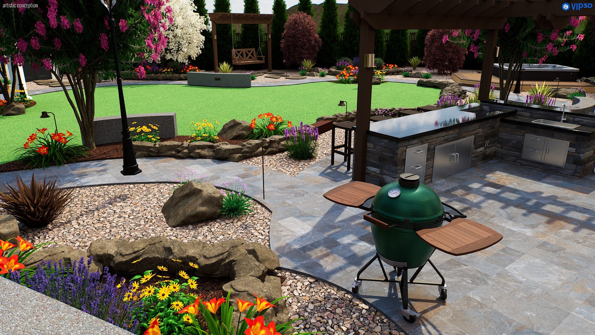 A landscaped backyard with a stone-paved patio, a green grassy area, colorful flower beds, trees, including a flowering tree with pink and white blossoms, a wooden swing hanging from a structure, and an outdoor kitchen area with a stone countertop an