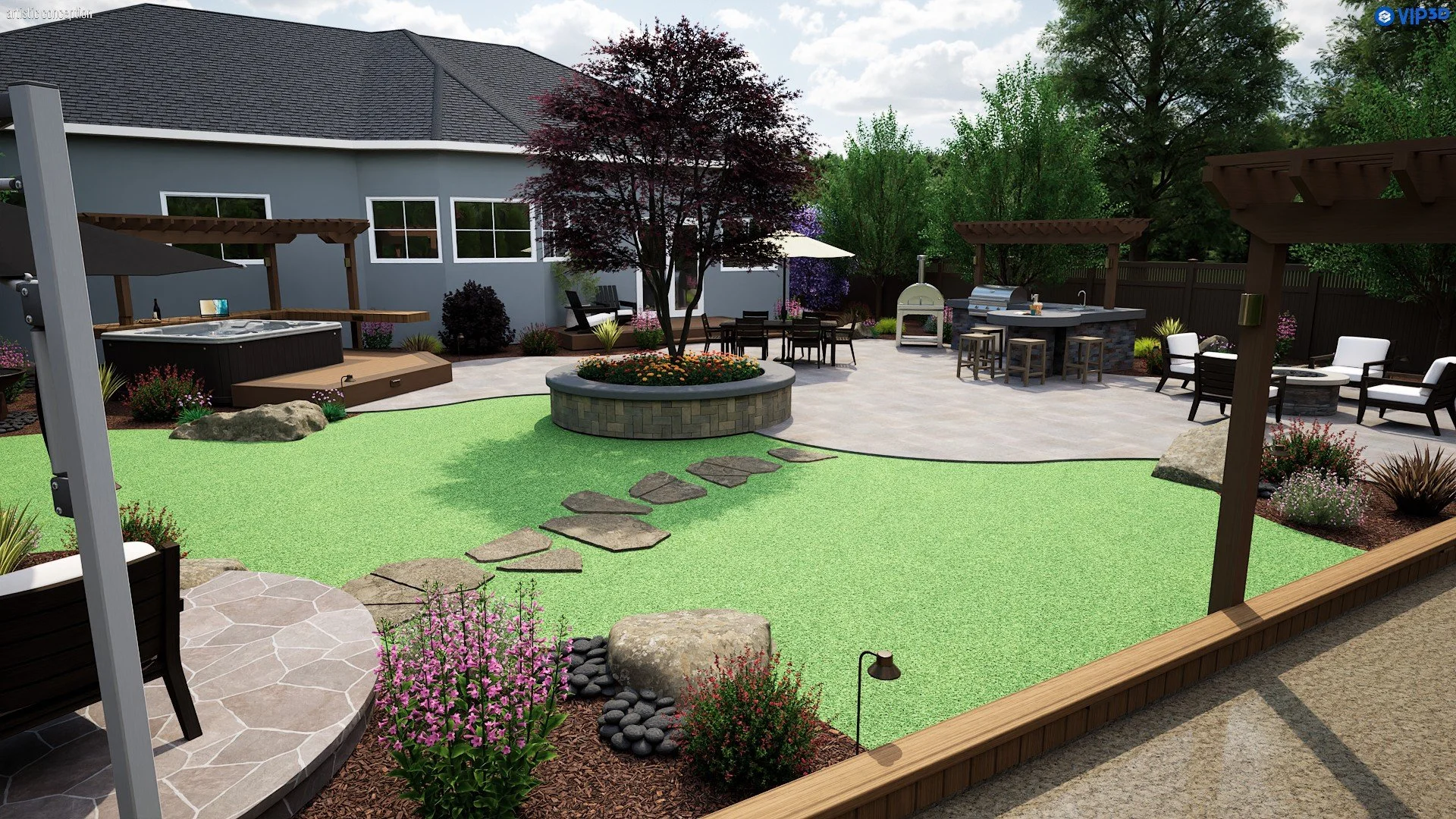 Castro Valley, CA rustic backyard 3D landscape design with synthetic turf, patio, outdoor dining, fire pit seating, planting, bocce ball court, and landscape lighting.