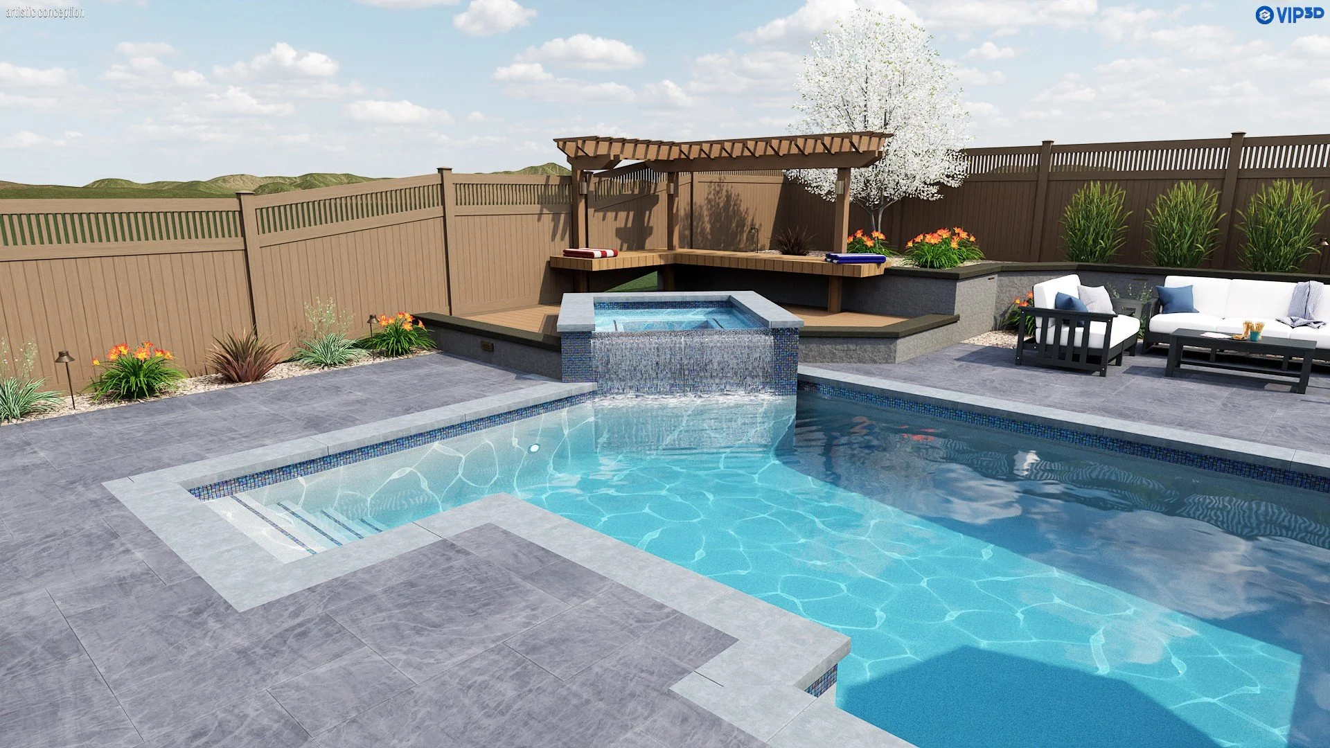 Livermore backyard pool design concept with turf, planting, patio areas, and landscape lighting. 