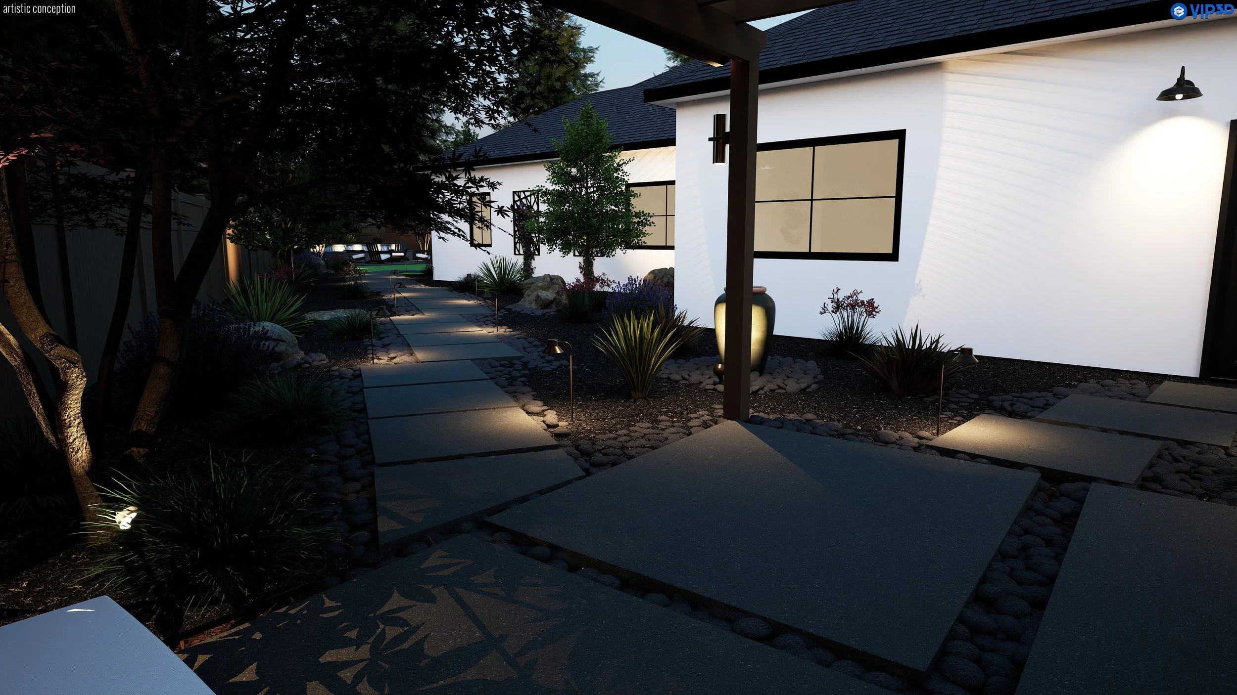 Nighttime view of a modern backyard garden with a pathway, outdoor lighting, and landscaping, adjacent to a white house with black frame windows.