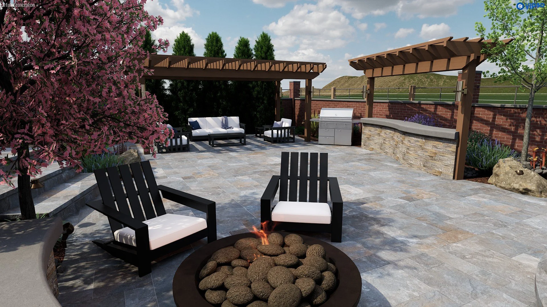 A 3D rendering of a backyard featuring a cozy fire pit surrounded by seating and lush greenery.
