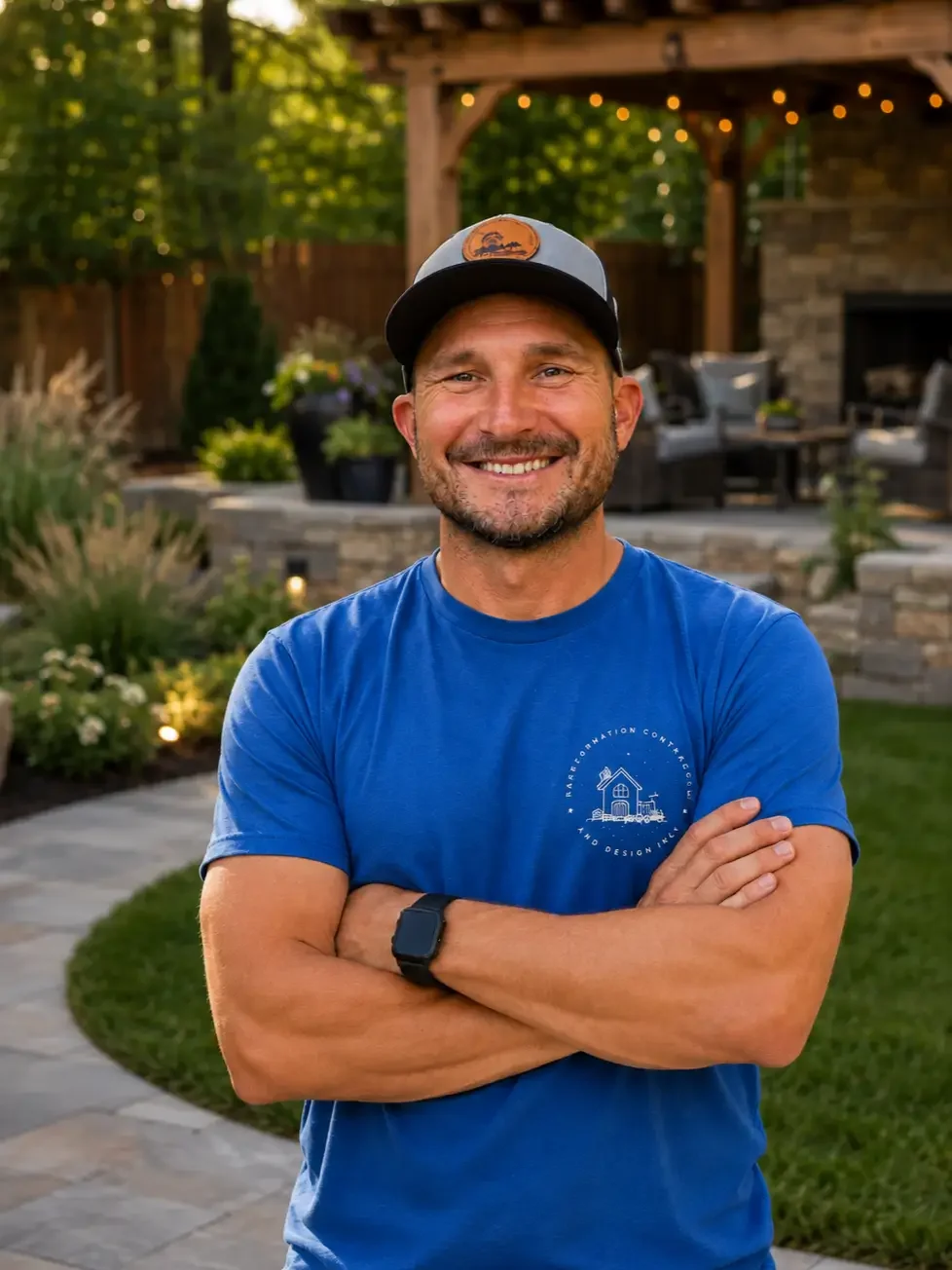 Louis Siegel, owner of Transformation Construction & Design, smiling in a finished backyard patio in the East Bay