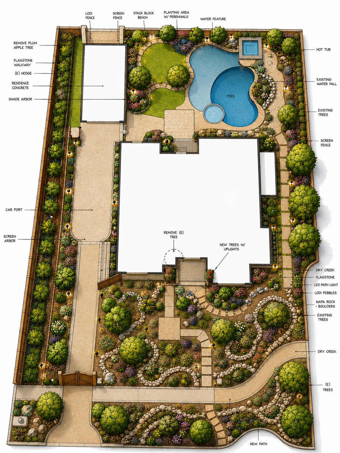 Landscape design plan featuring a pool with hot tub, surrounding pathways, trees, shrubs, flower beds, a water feature, dry creek beds, a building with plantings, and a carport.