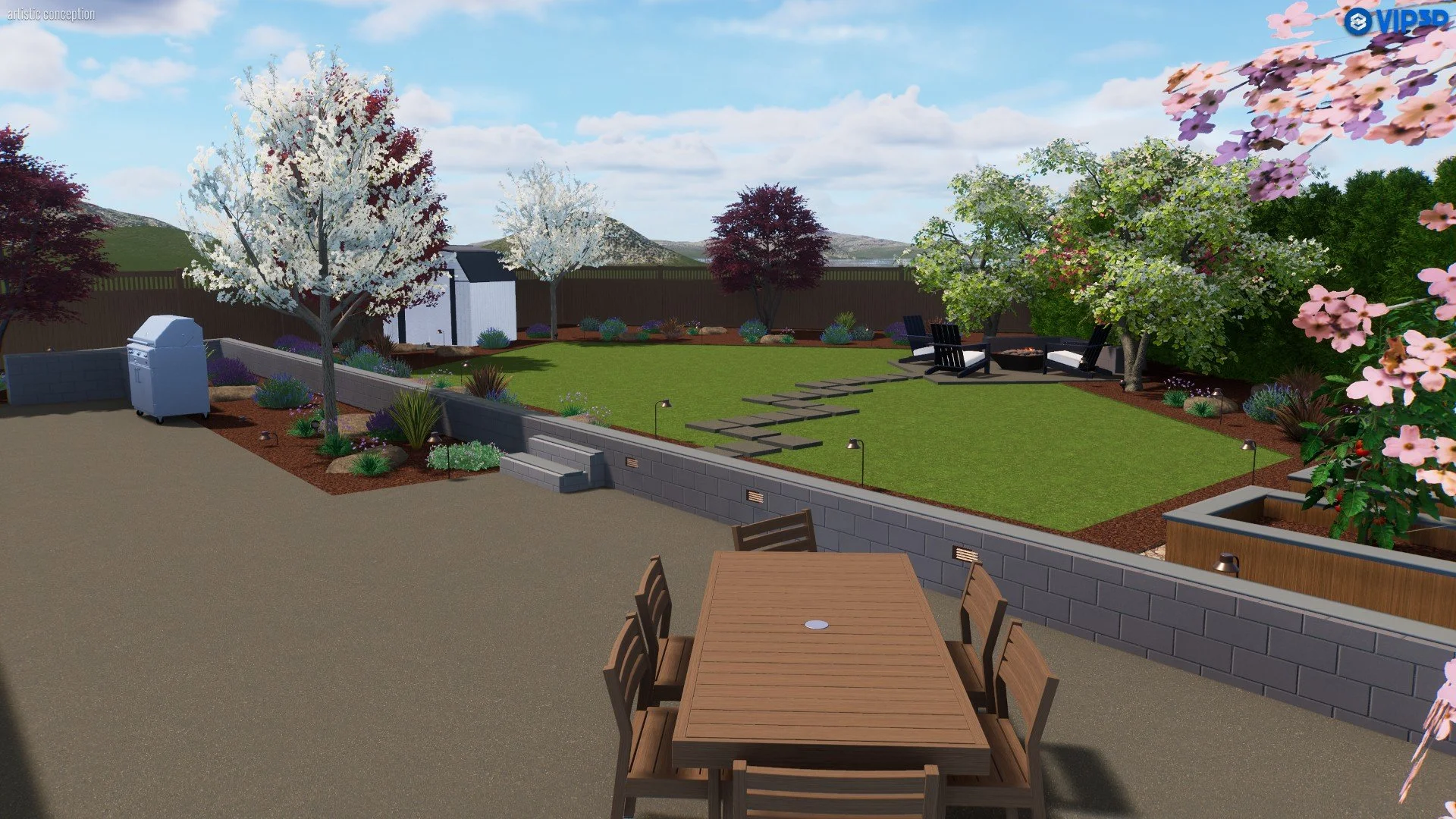 A landscaped backyard with a patio, green lawn, flowering trees, outdoor seating, and a small white shed, with a mountain view in the background.