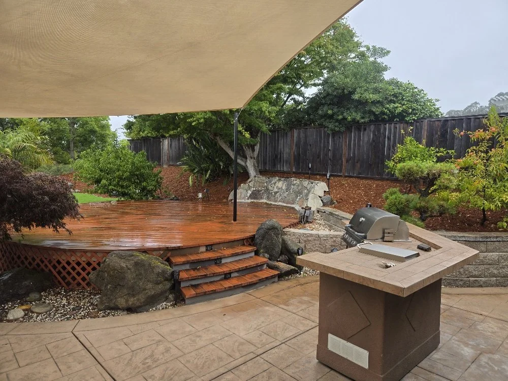 Backyard with a wooden deck, a landscaped garden with trees and bushes, a barbecue grill, and a large canopy overhead.