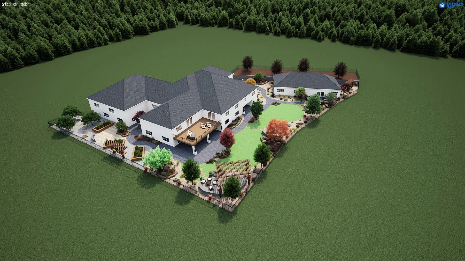 Pleasanton, CA estate 3D landscape design with large patio areas, synthetic turf, planting, decorative rock, outdoor living space, and ADU-integrated layout.