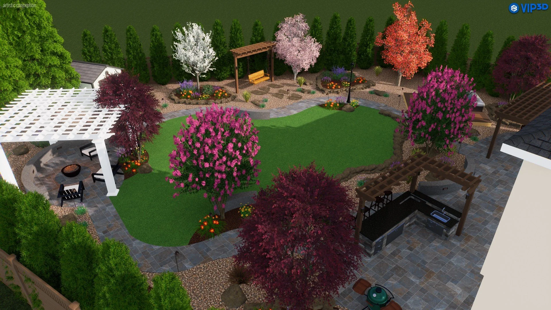 A landscaped backyard with a green lawn in the center, surrounded by flowering trees with pink, white, and red blossoms. There is a stone pathway, a wooden pergola, and a seating area with outdoor furniture under a white lattice structure. The yard a