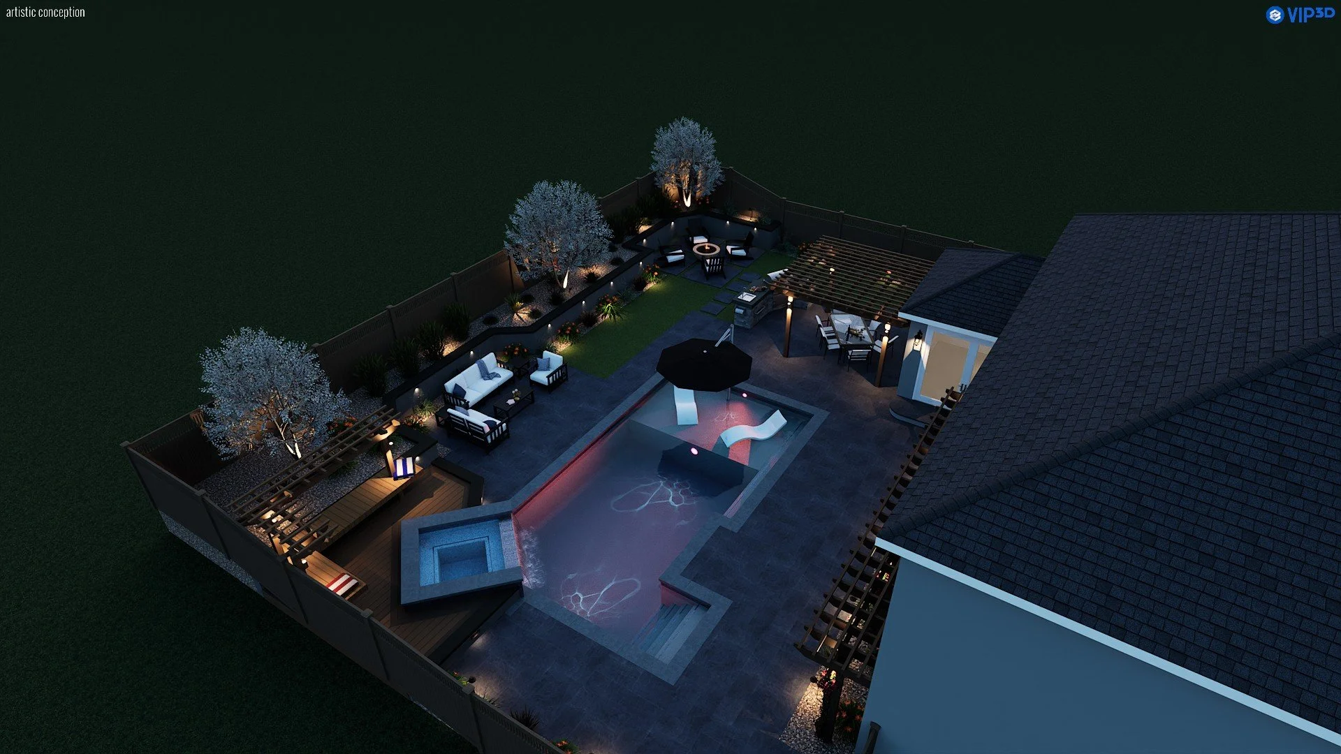 Backyard 3D design concept with swimming pool, turf, pergola, planting, and modern outdoor living layout. 