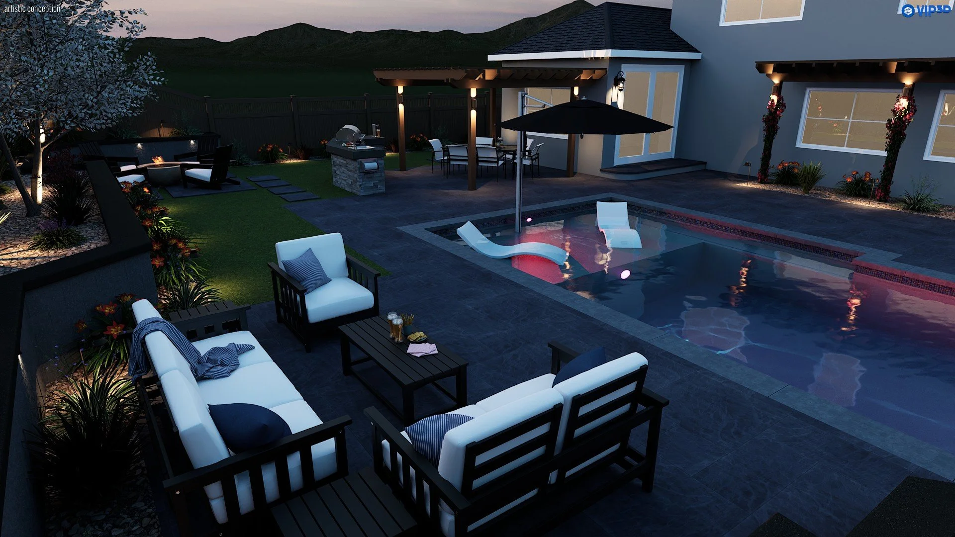 Livermore side yard landscape design with planting, decorative rock, walkway, and lighting. 