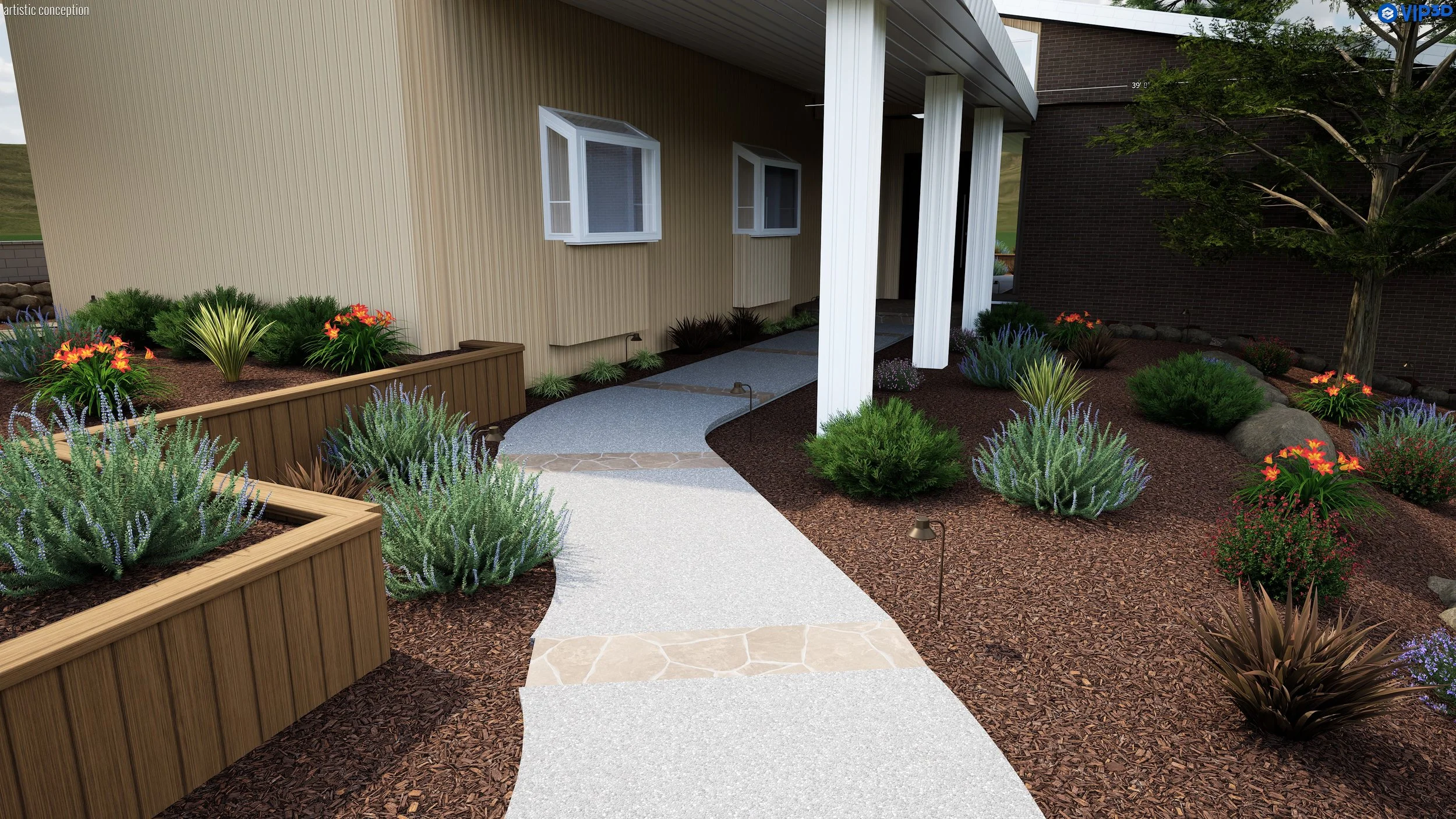 A landscaped yard featuring a curved concrete pathway, wooden planters with various plants, and a beige siding house with white window frames and a covered porch supported by white columns.