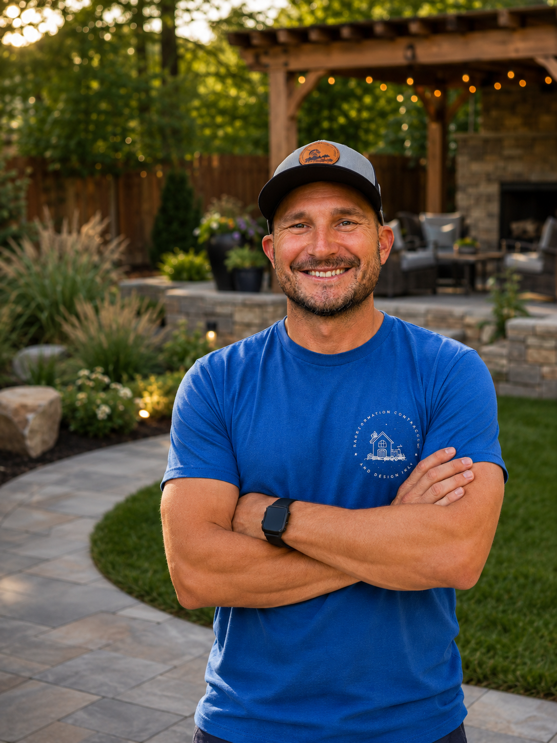 A smiling man with crossed arms wearing a blue t-shirt and cap in a backyard with a stone patio, plants, and a wooden pergola with string lights.