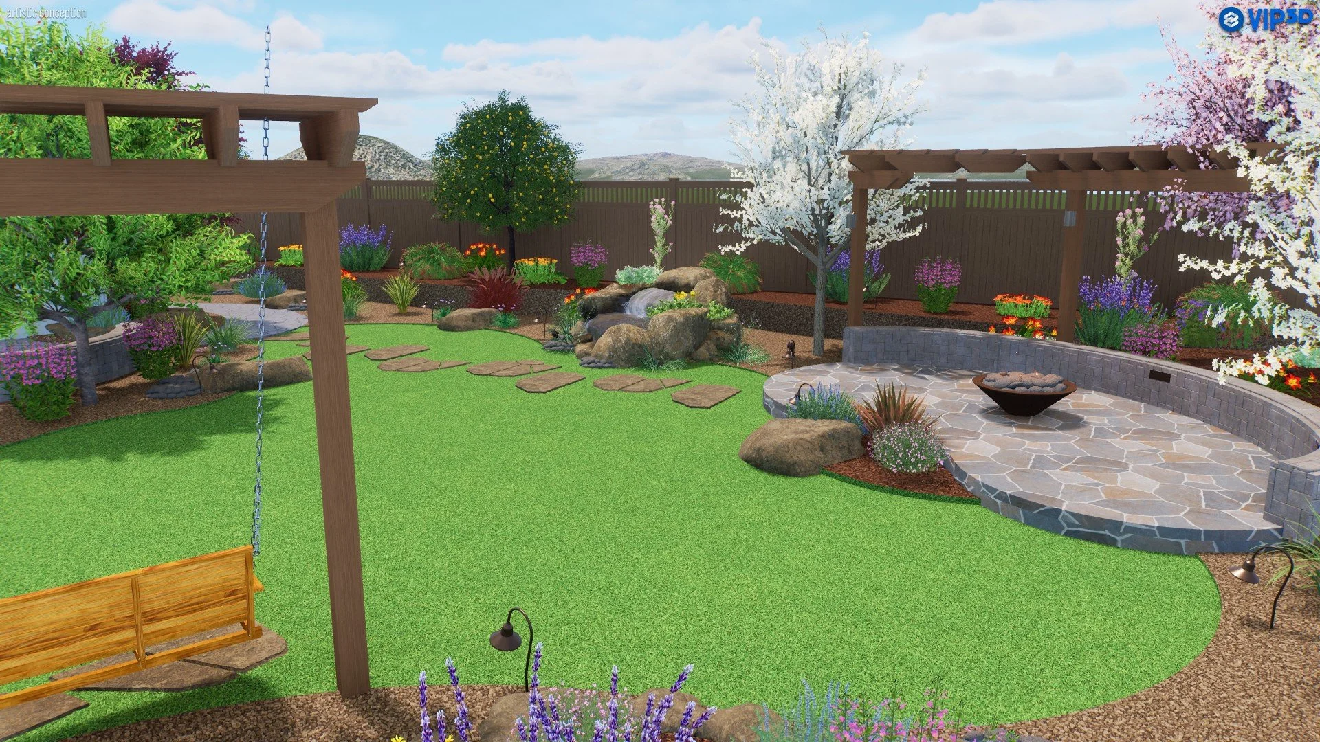 Colorful backyard garden with a green lawn, blooming trees, and a stone fire pit area. Features include a wooden swing, stone pathway, decorative plants, and a wooden pergola.