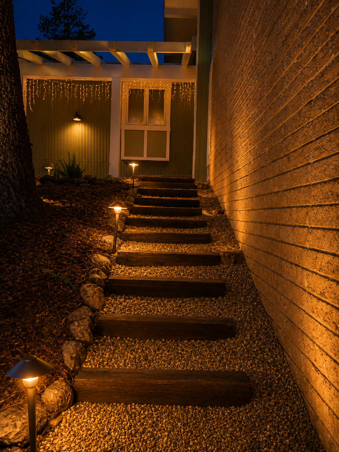 Nighttime outdoor scene showing a stone pathway with wooden steps leading up to a house, illuminated by small landscape lights along the path. The house's porch is decorated with string lights, and there is a tree on the left side.