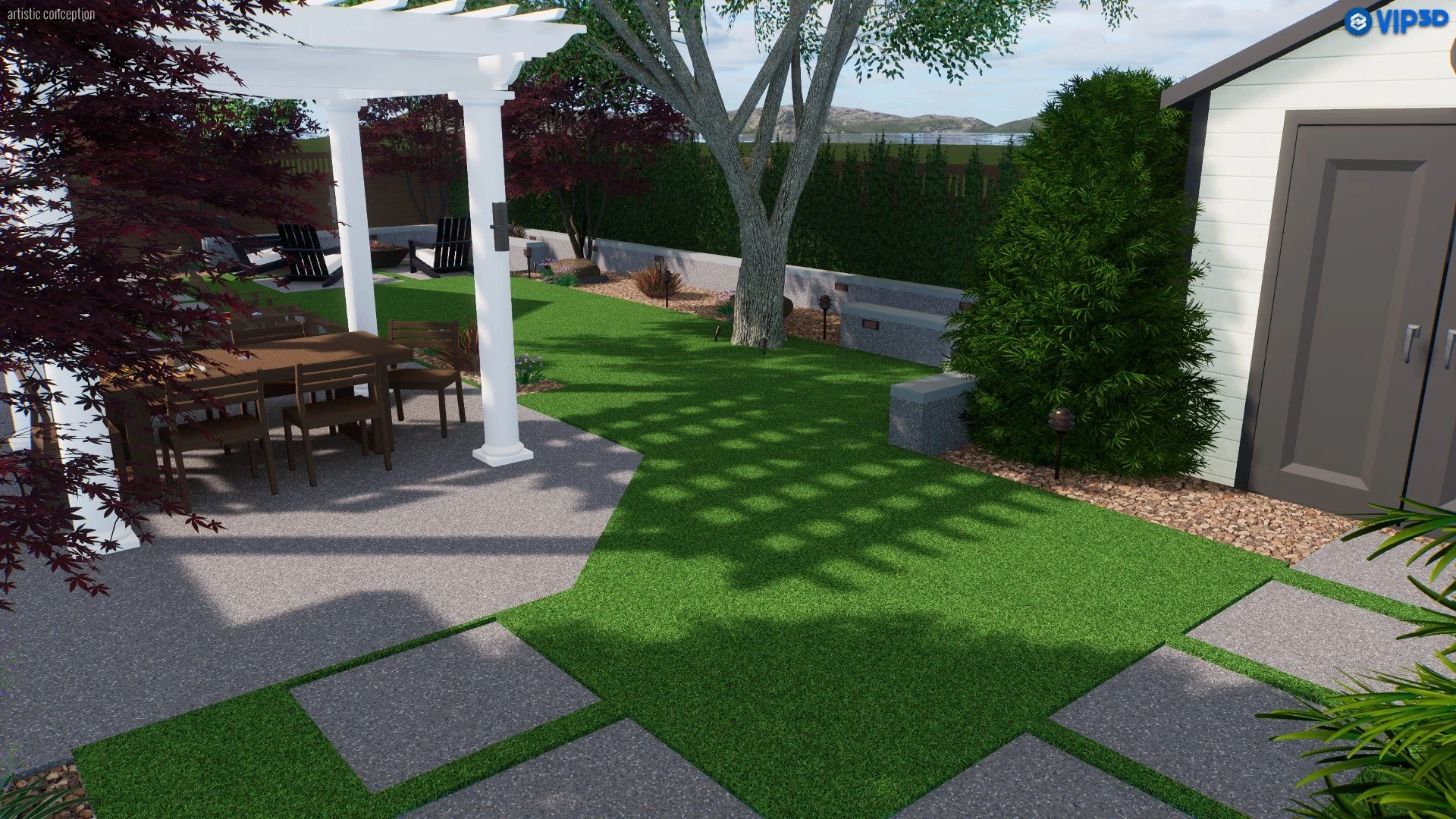 A redesigned backyard patio area featuring a wooden dining table with six chairs under a white pergola, green grass and paving stones, a large tree, shrubs, and a small white building with a gray door.