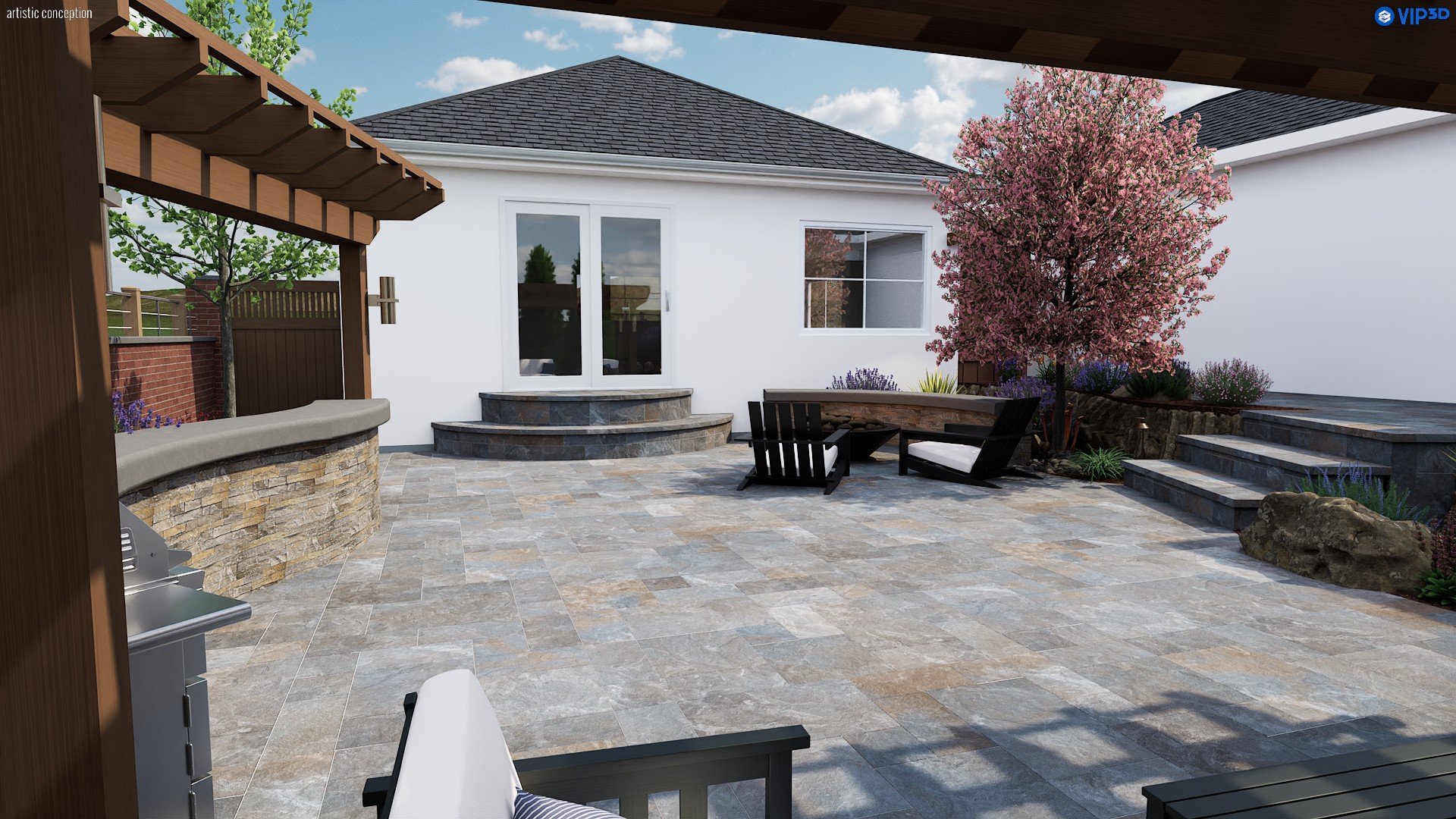 Image of a backyard scene with a patio and grill, highlighting outdoor living space and landscaping.