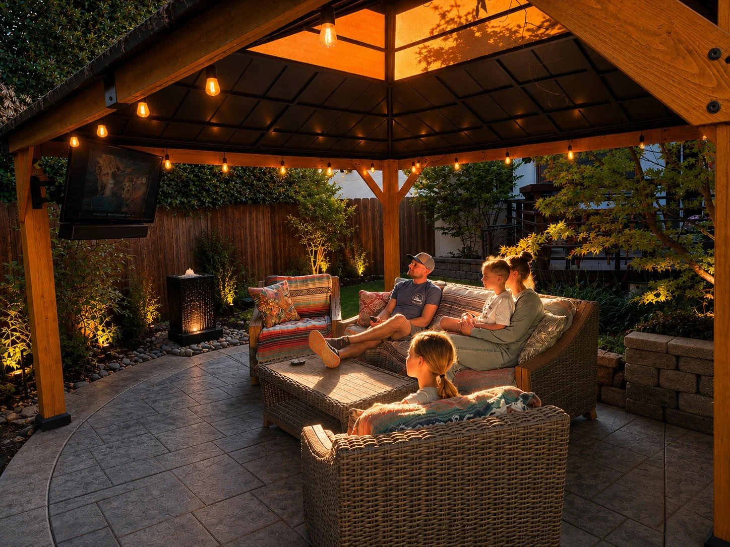 A family watching TV outdoors under a wooden gazebo at dusk, surrounded by plants with string lights overhead.