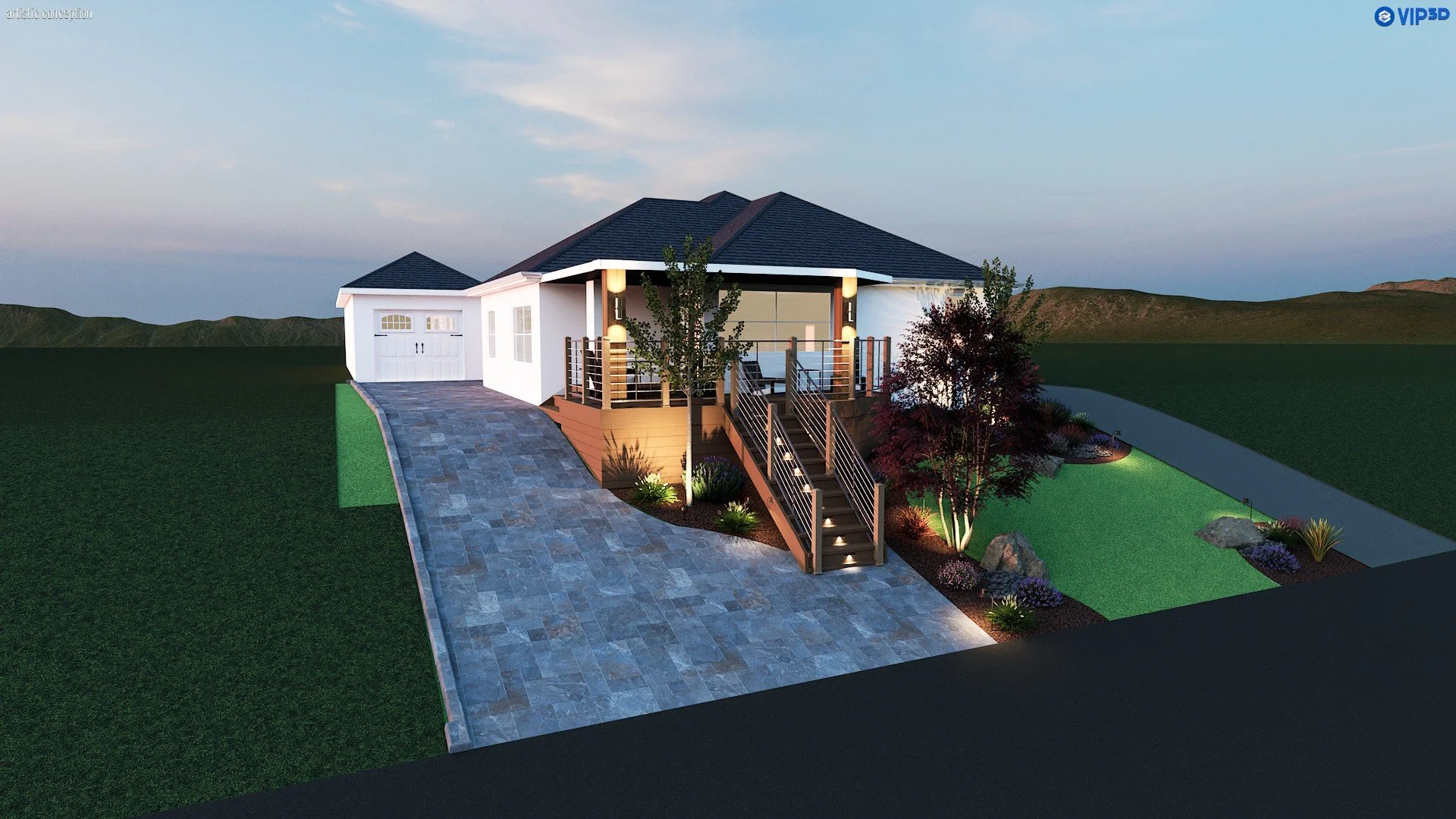 San Ramon 3D backyard design with planting, low-maintenance landscaping, and outdoor living space