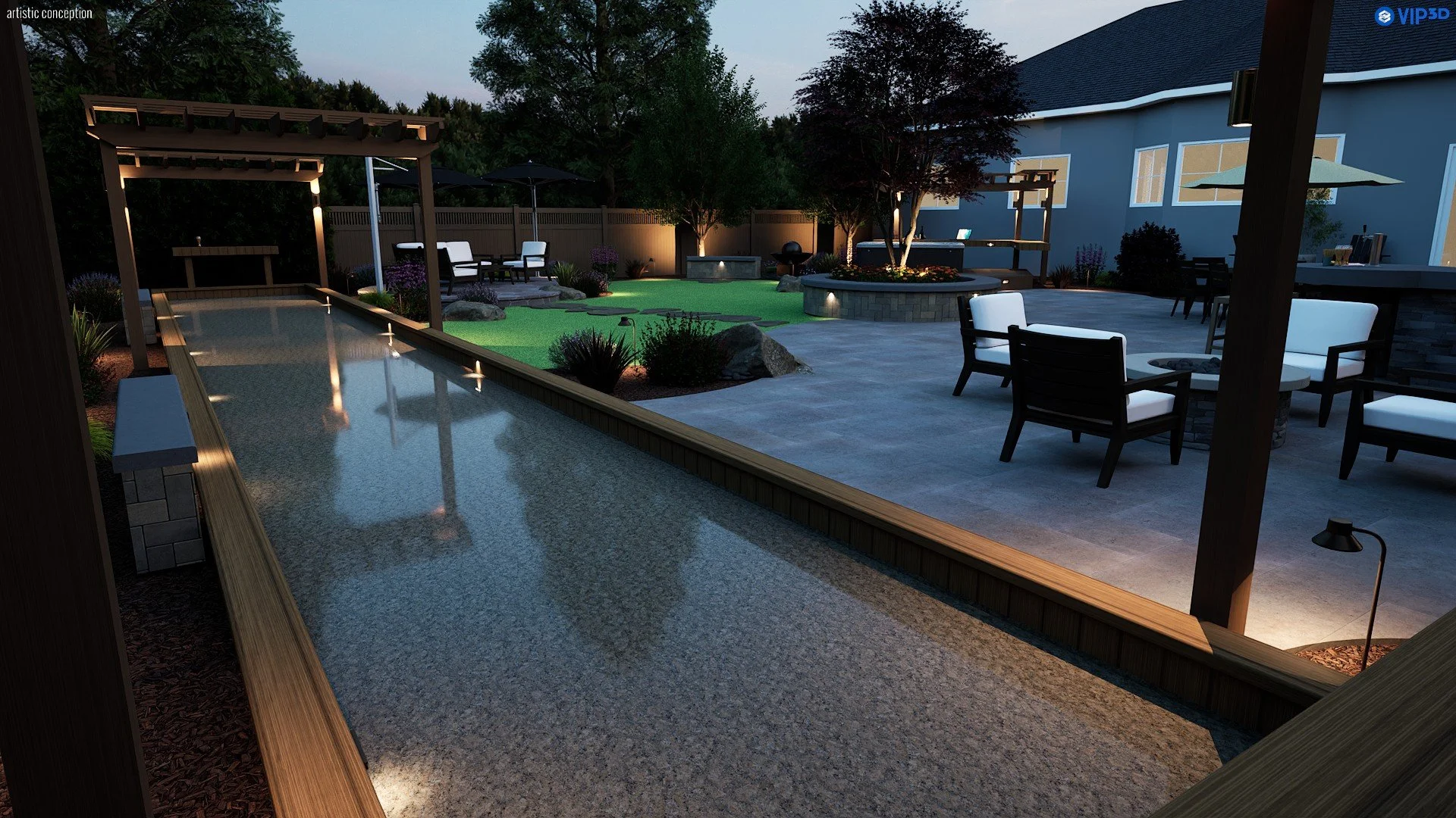 Castro Valley 3D backyard design with low-maintenance planting, decorative rock, and wood accents