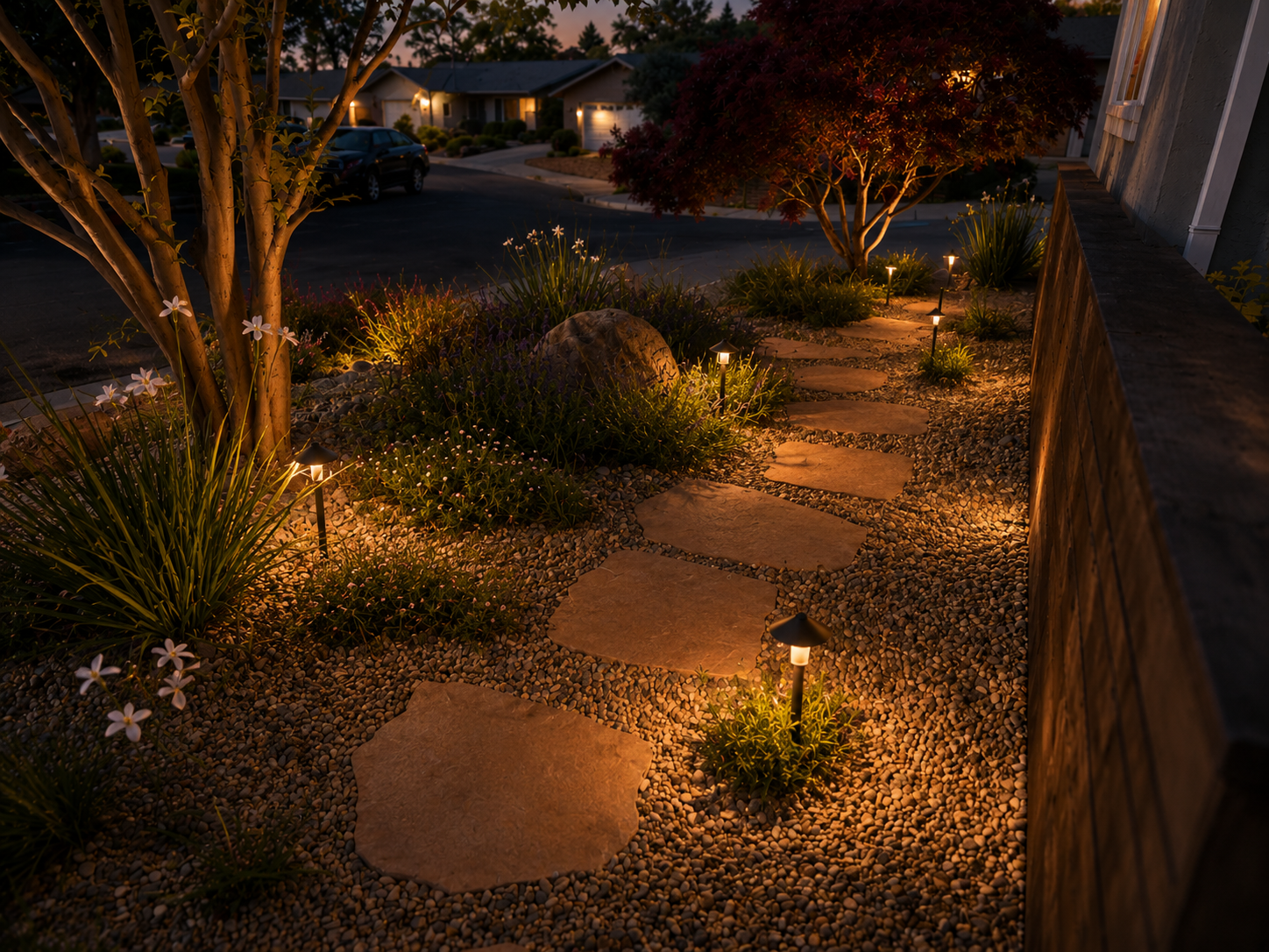 A nighttime garden pathway illuminated by small ground lights, with stepping stones, surrounded by plants and trees, adjacent to a house with a fence and neighboring homes in the background.