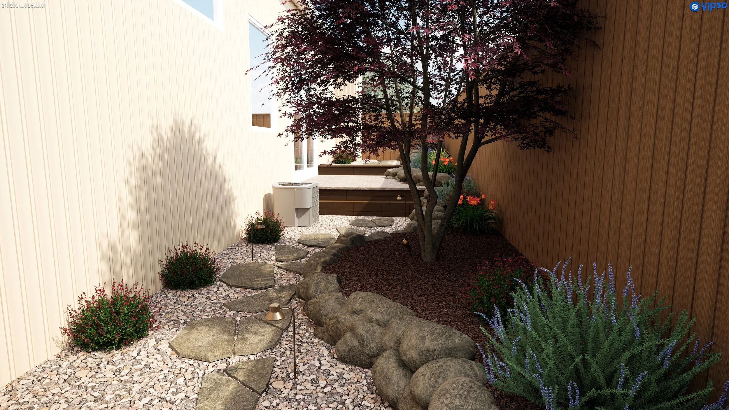 A small outdoor garden space with a tree, various plants, and a pathway made of flat stones surrounded by pebbles and mulch, enclosed by vertical wooden and metal walls.