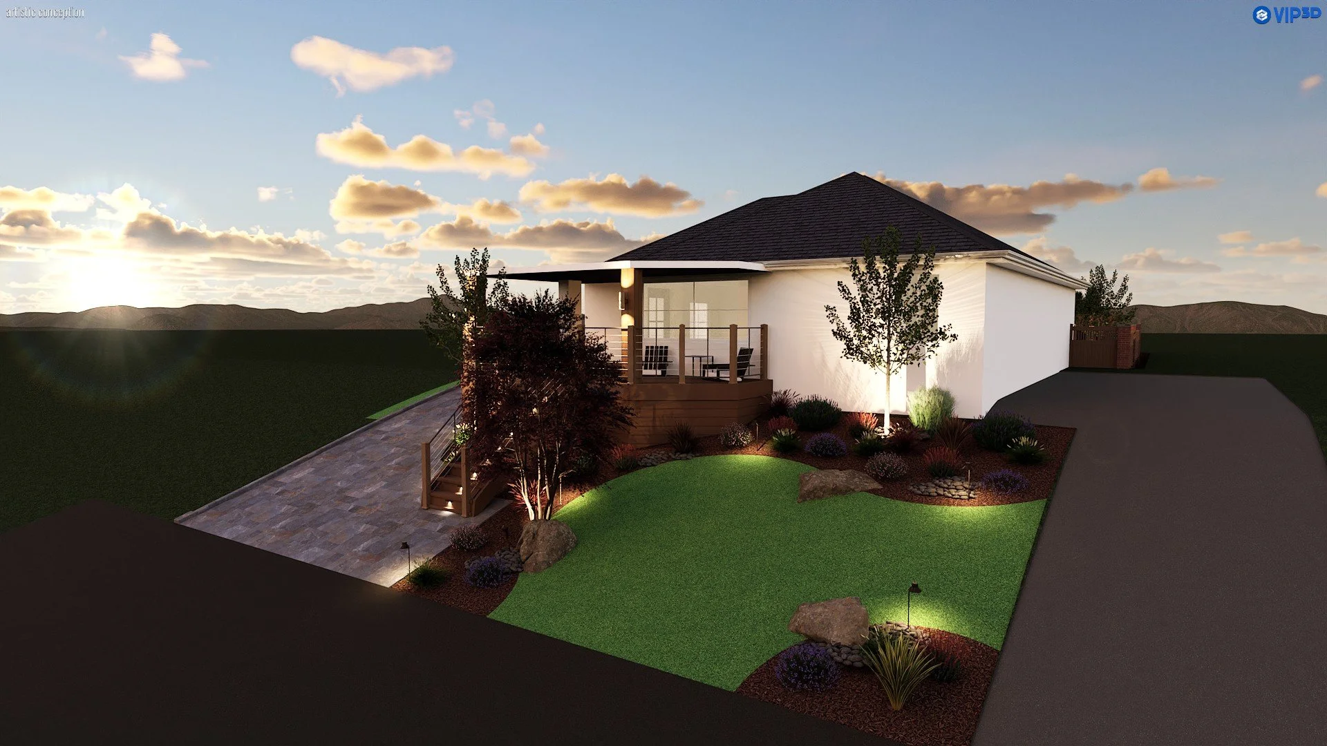 Rendering of a modern house with a landscaped yard, showing a house with a dark roof, white walls, a small outdoor seating area on a deck, and landscaped garden with trees, shrubs, rocks, and pathway lights during sunset.