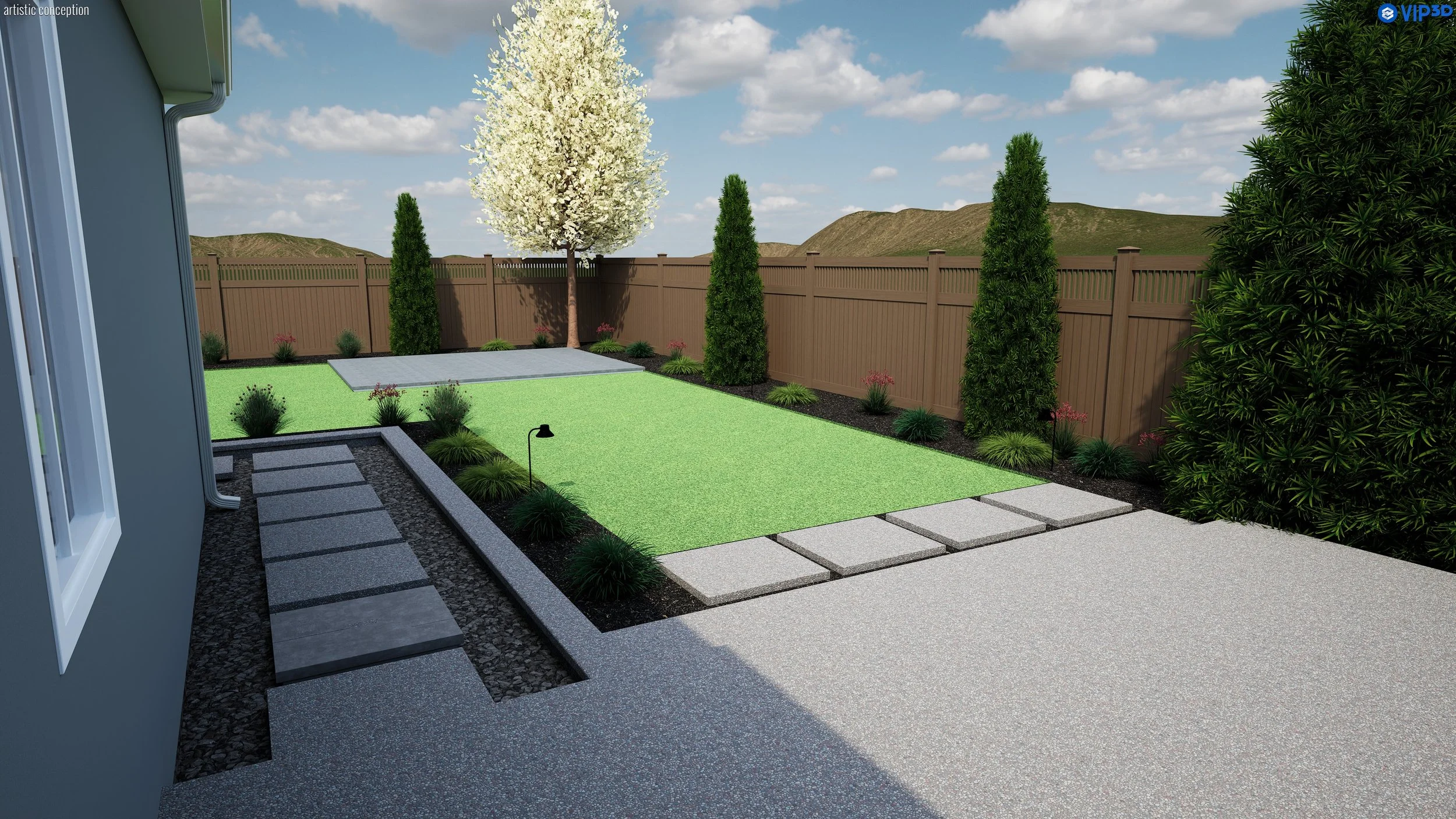 A backyard with a green manicured lawn, concrete stepping stones, a brown wooden fence, and various trees and bushes, including a large flowering tree with white blossoms and tall evergreen shrubs.