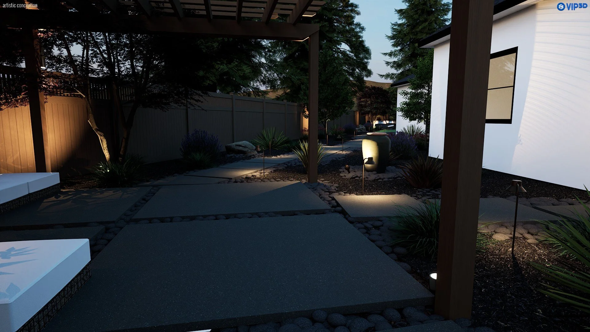 Night time 3D landscape rendering with outdoor lighting and patio seating. 