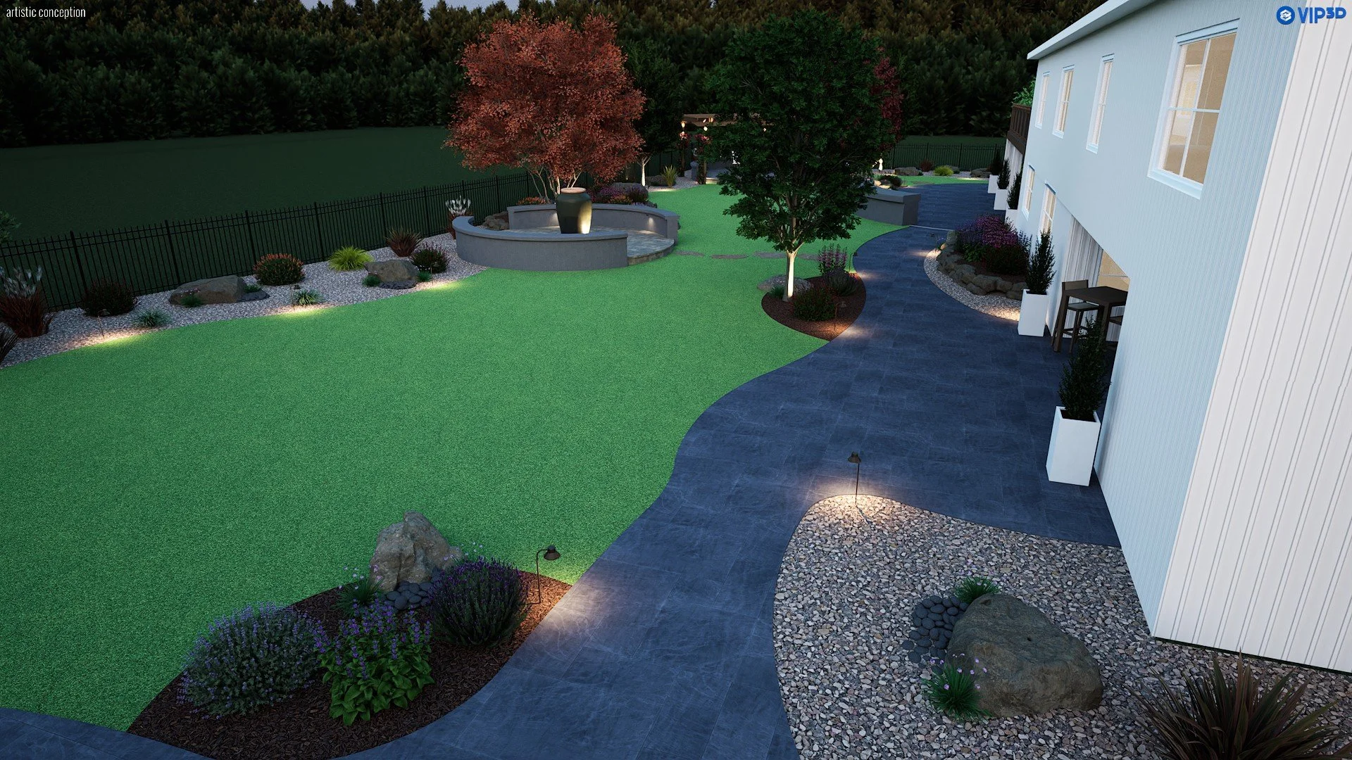 3D landscape rendering showing a spacious estate yard with patio areas, raised planters, and synthetic turf.