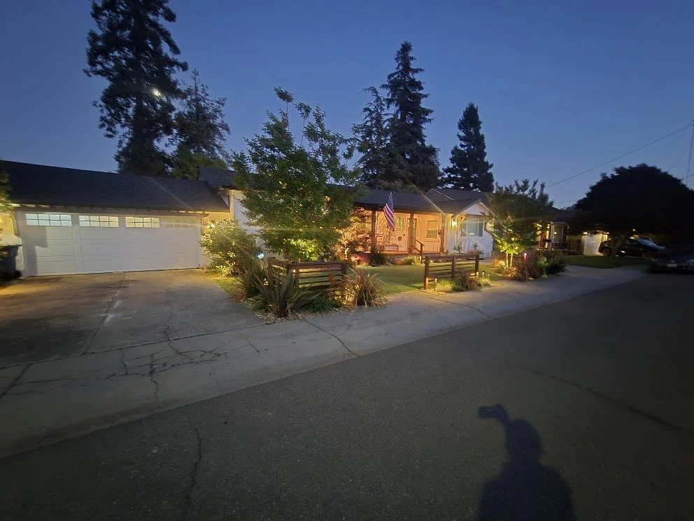 A suburban house at dusk with front yard landscaping including plants, small trees, and decorative lighting illuminating the yard and house entrance.