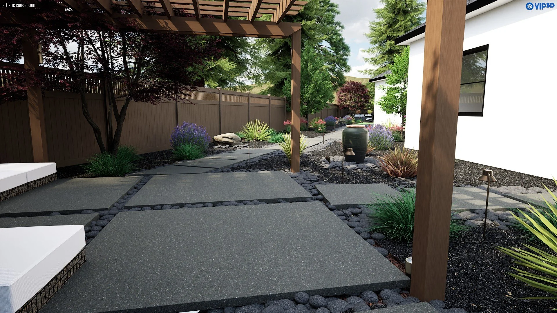 A modern backyard garden featuring a stone pathway, various plants, trees, and outdoor lighting, with a white house wall on the right and a wooden pergola overhead.