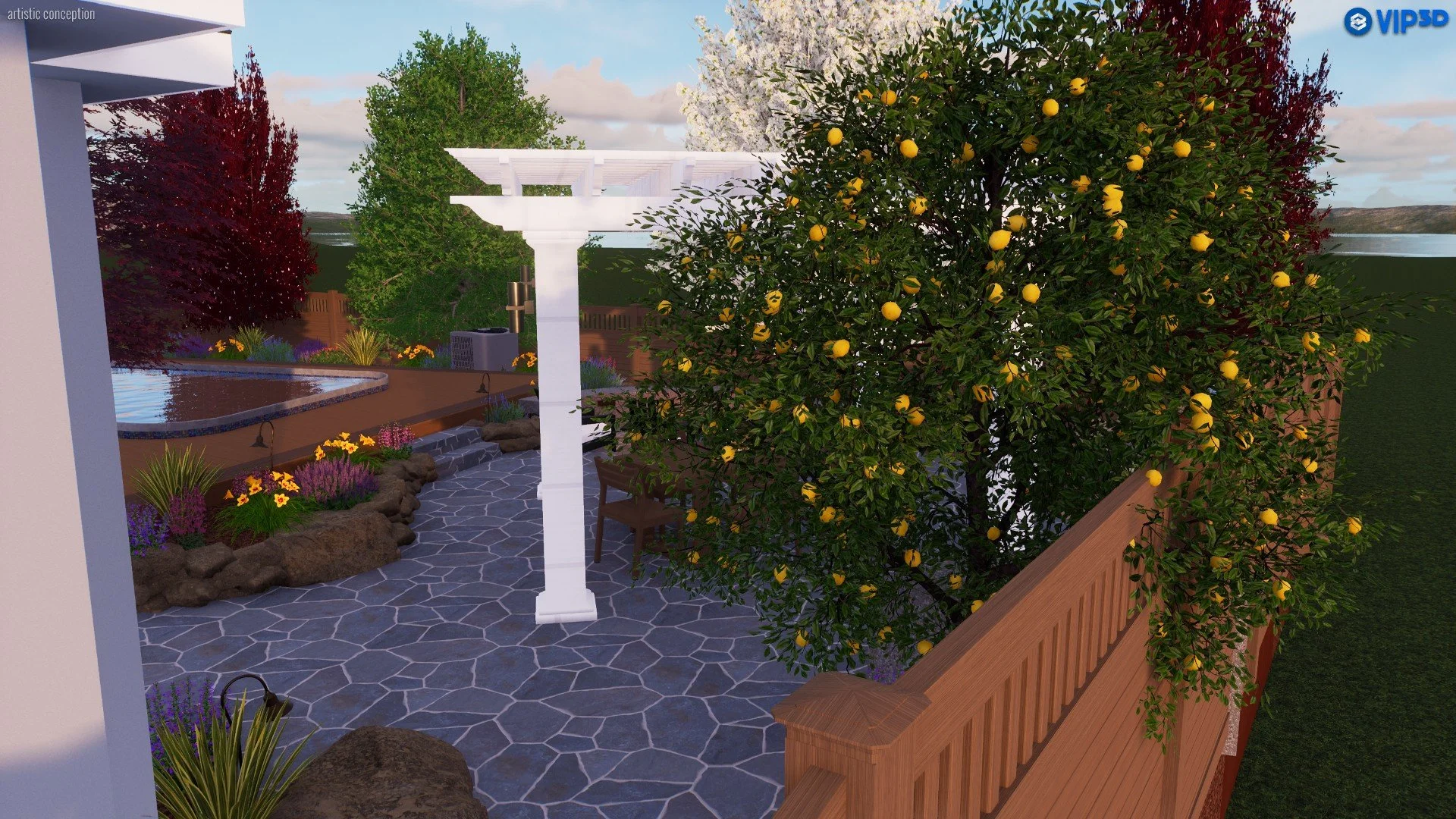 A backyard garden with a white pergola, an orange tree with yellow fruit, a stone patio, colorful flowers, and a view of water and distant hills in the background.