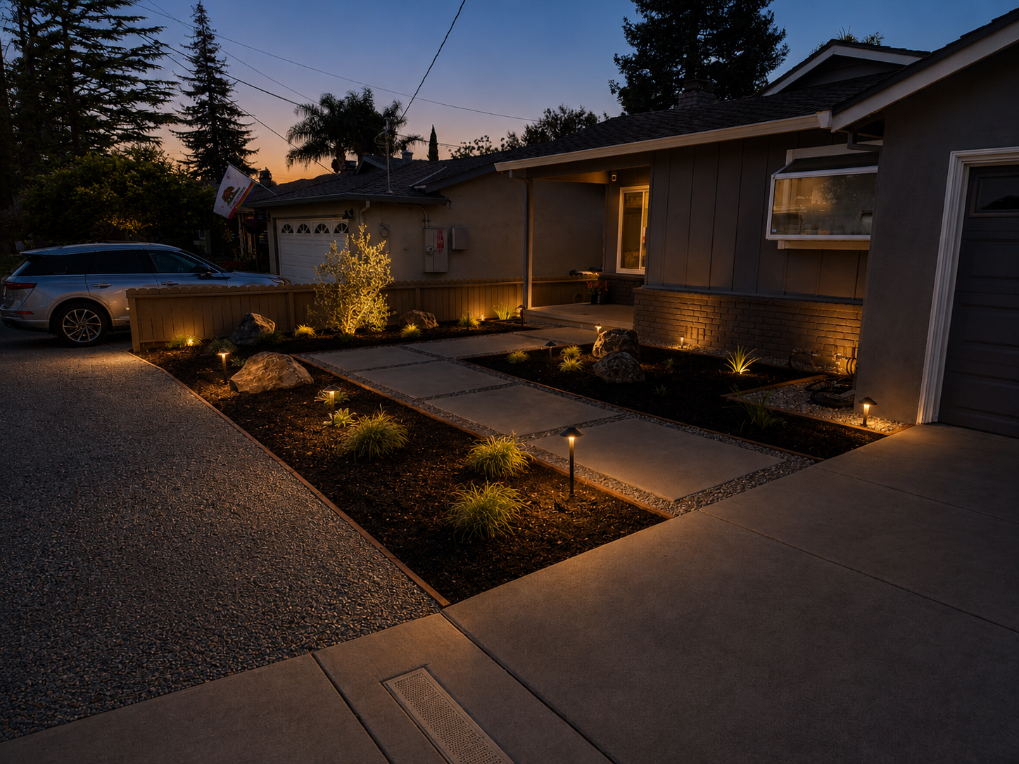 A house's front yard at dusk featuring a concrete pathway with small landscape lights, plants, rocks, and a tree illuminated by outdoor lighting, with a car parked on the driveway.