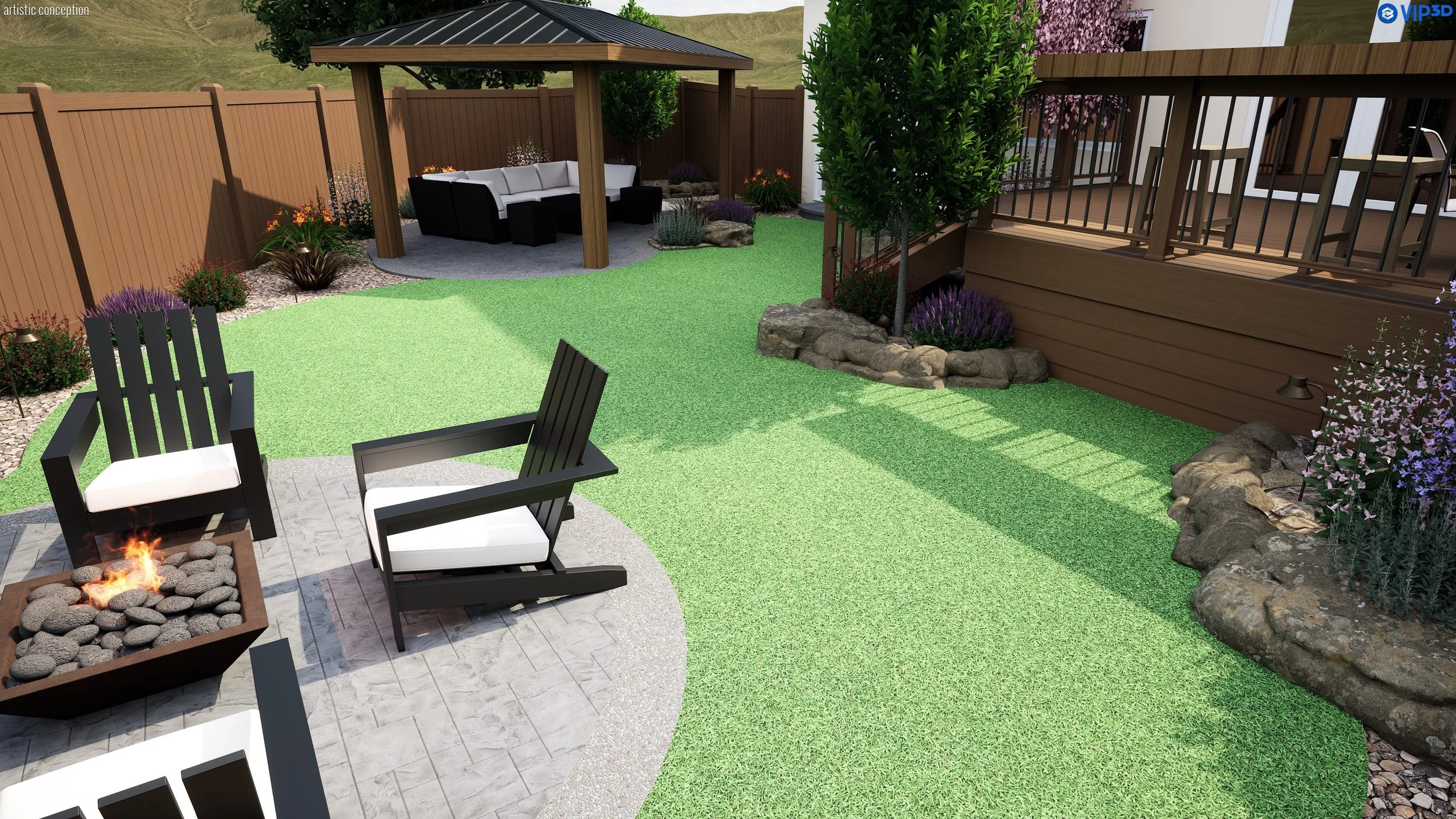 Backyard outdoor patio with a fire pit, black and white chairs, a covered sitting area with white sofas, and a deck with a railing. There are plants, bushes, rocks, and a green lawn surrounding the space.
