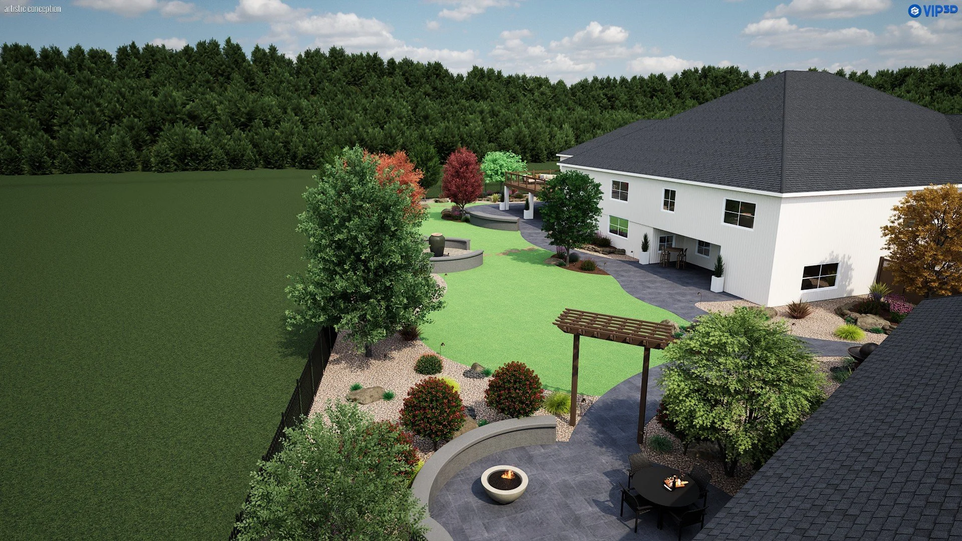 Pleasanton estate 3D landscape design with large patio space, turf, and planting. 