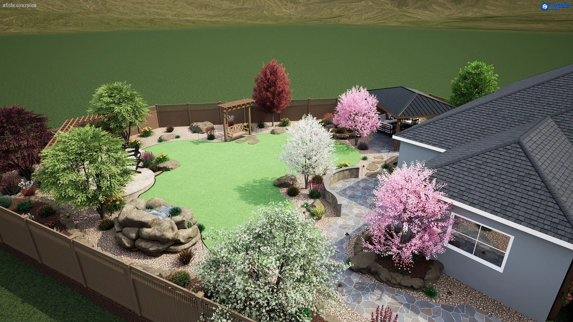 Large Dublin, CA backyard 3D landscape design with synthetic turf, patio seating, pergola, planting, boulders, garden boxes, hot tub deck, and outdoor lighting.