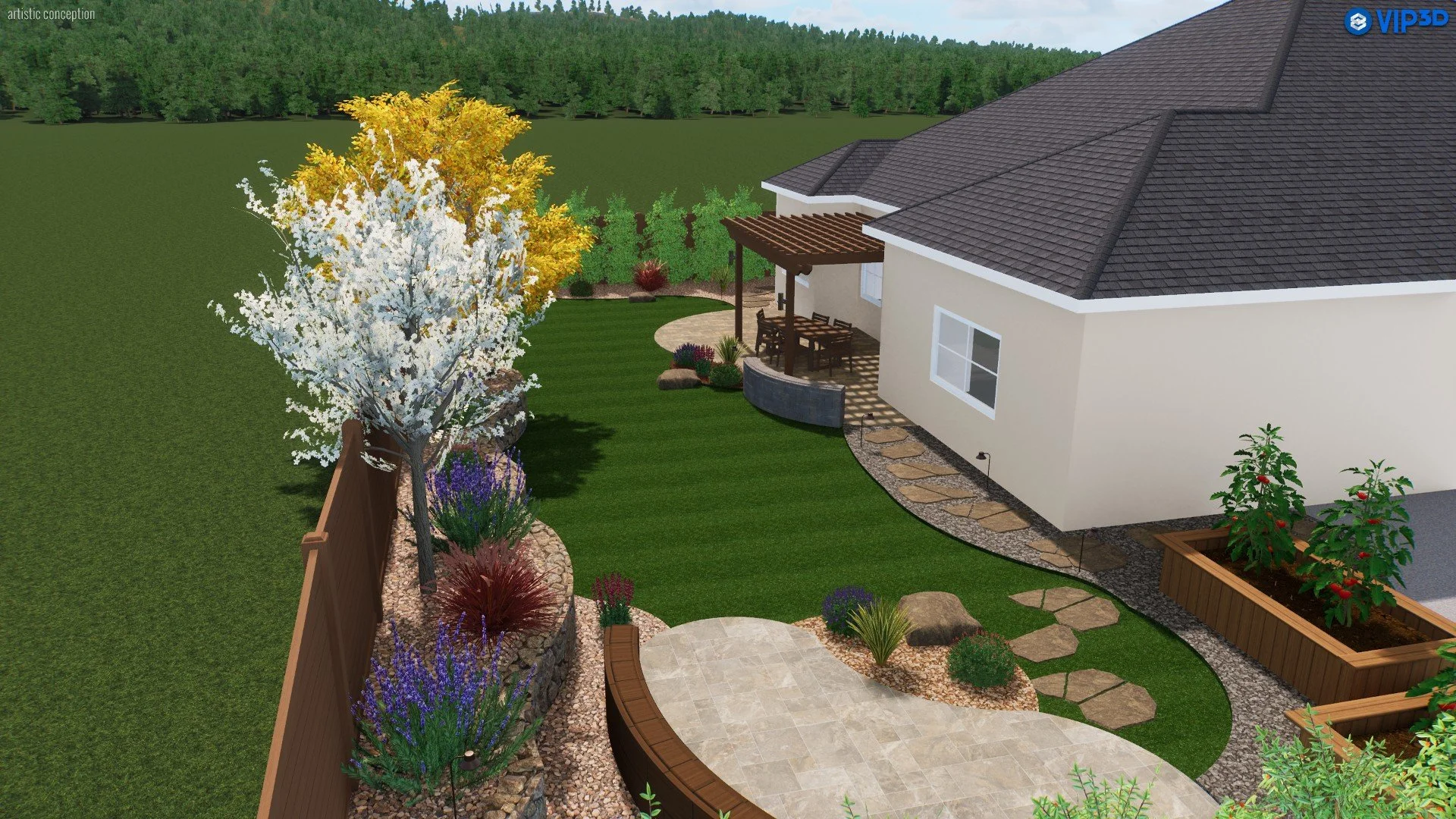 A backyard landscape with a well-maintained lawn, colorful flowering plants, a stone pathway, and a house with a shaded porch.