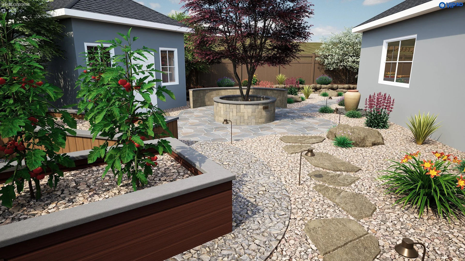 Backyard 3D design with low-maintenance planting, rock, boulders, and family-friendly lawn space