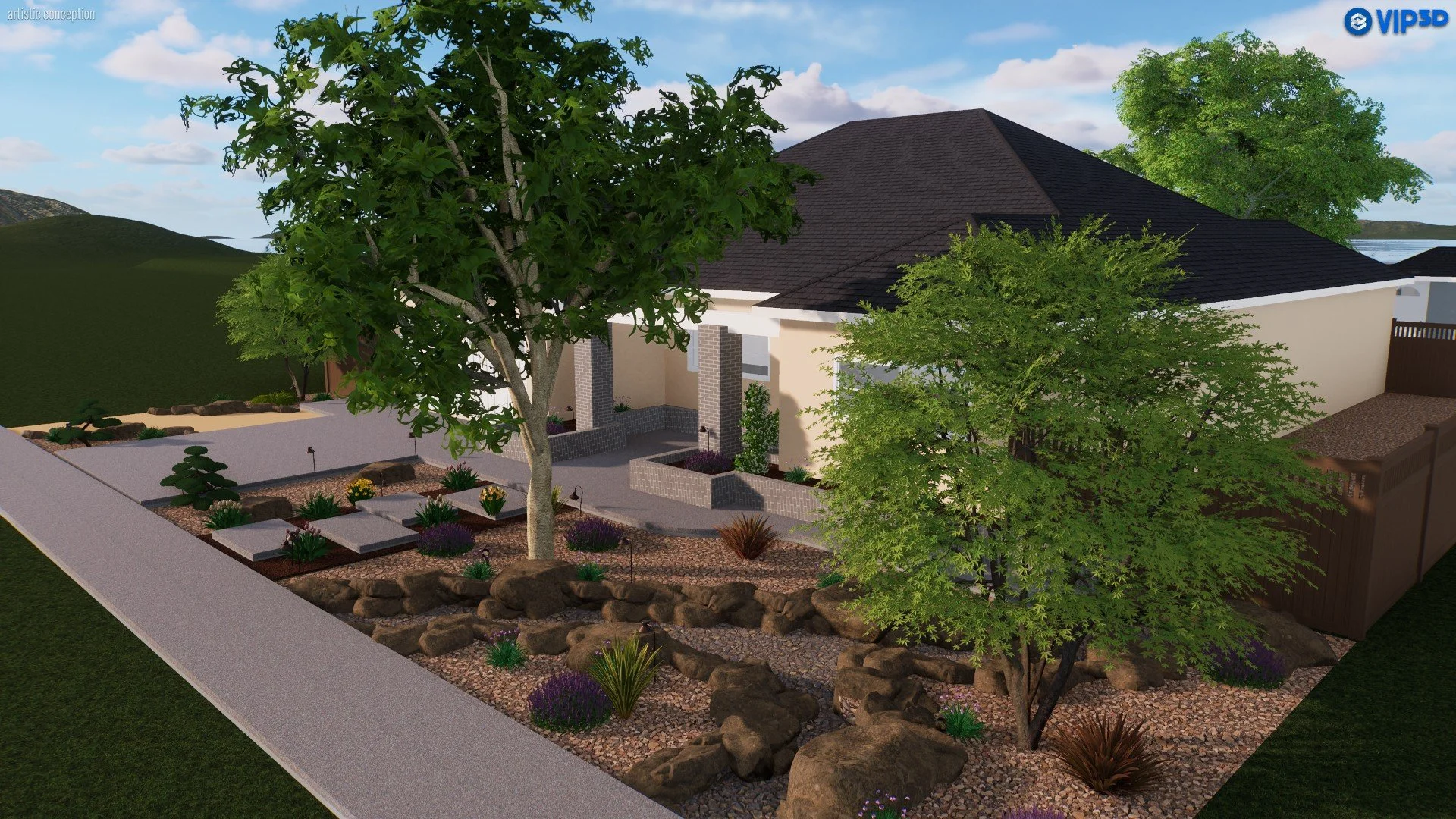 A digital rendering of a backyard landscaping design featuring a house with a dark roof, multiple trees, a garden with various plants, and a stone pathway.