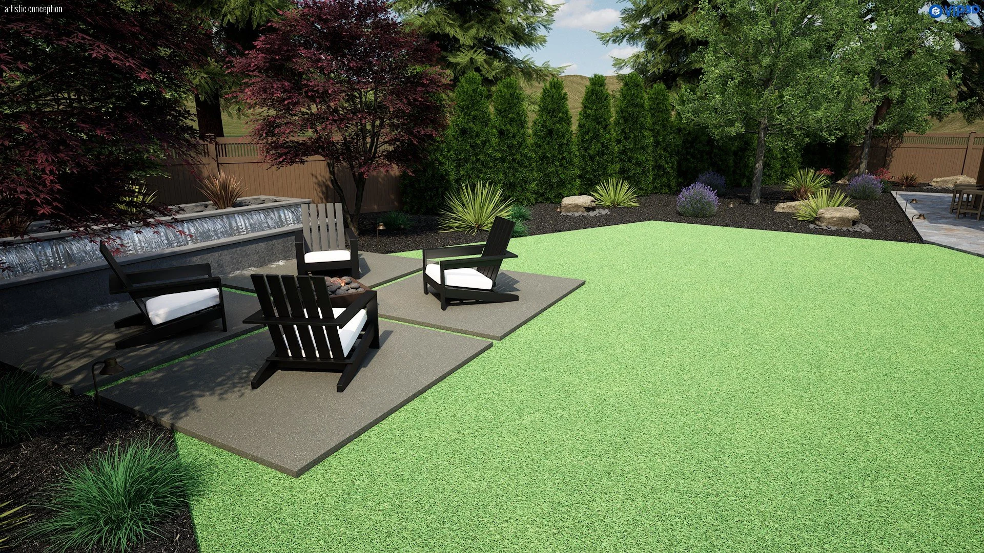 A landscaped backyard with artificial green grass, a seating area with four black chairs and a fire pit, a water feature, and various trees and plants along a wooden fence.