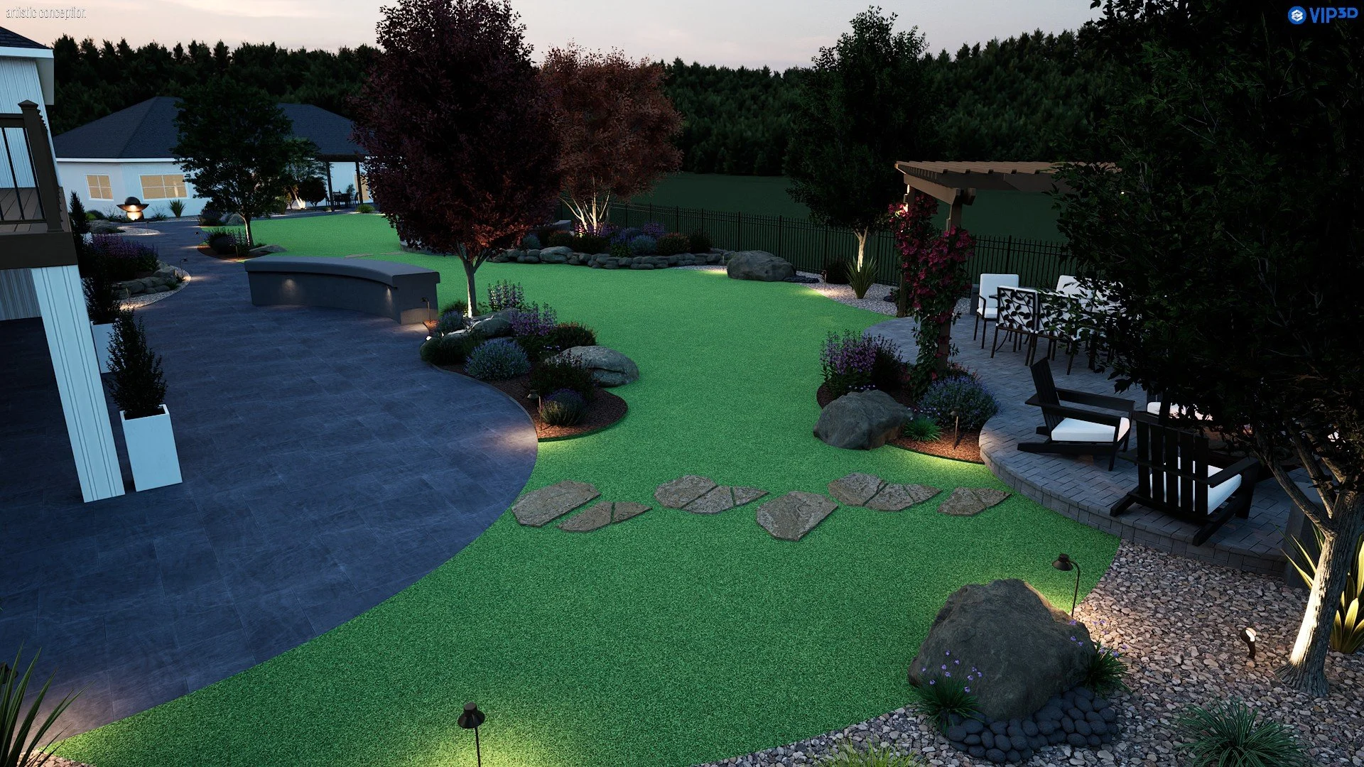 3D estate landscape plan with turf, planting beds, hardscape, ADU layout, and expansive backyard design. 