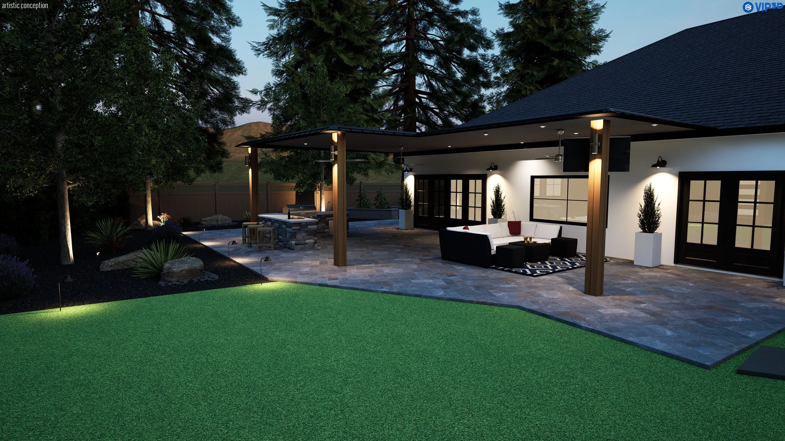 Backyard patio with outdoor seating, a built-in grill, and tall trees surrounding the area, evening lighting
