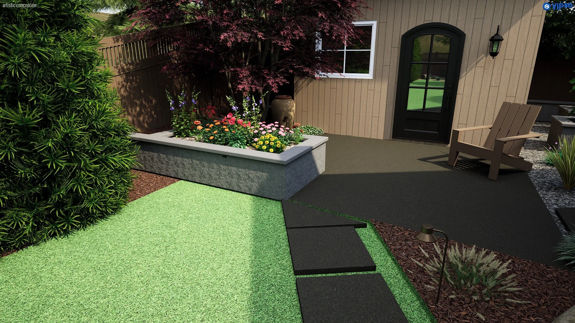 Castro Valley side yard and backyard design with turf, decorative rock, and outdoor living space. 