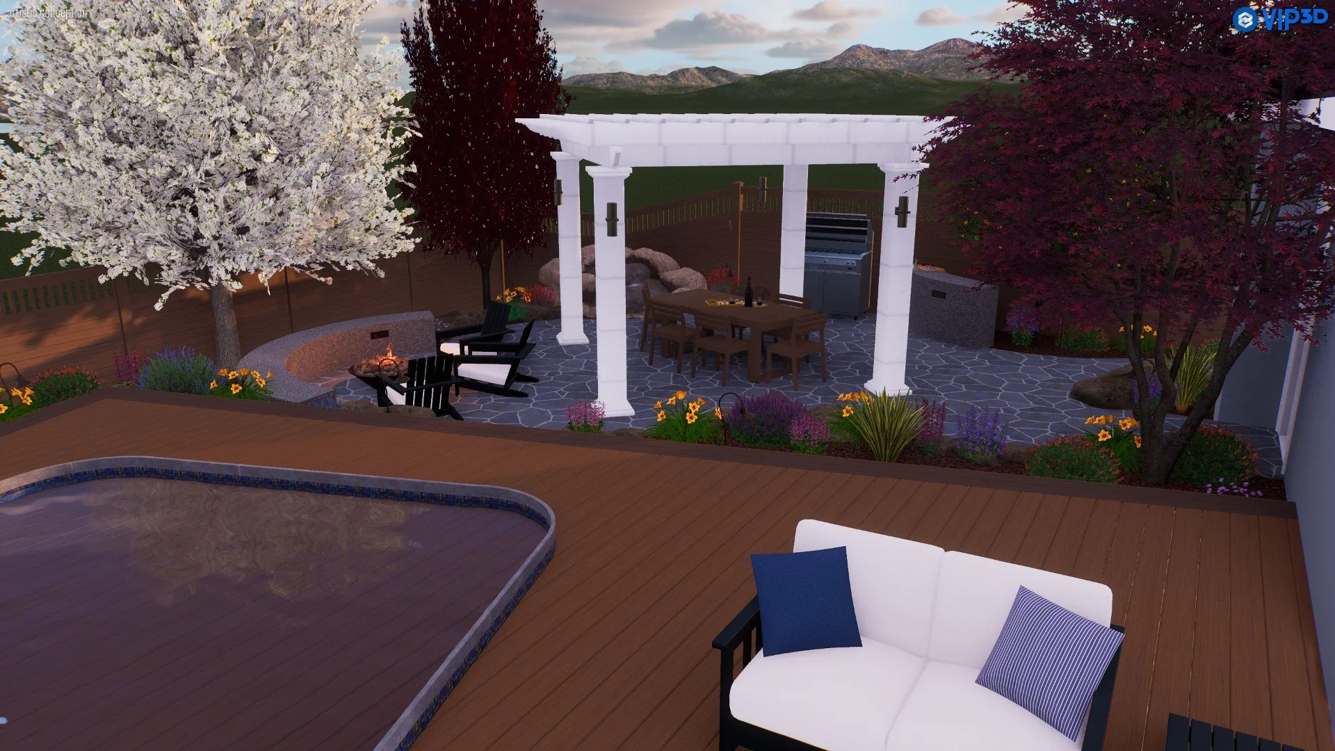 A backyard patio area with a wooden deck, hot tub, and a landscaped garden. There is a white pergola with outdoor furniture underneath, a barbecue grill, and colorful flowers and trees surrounding the space. Mountains are visible in the background.