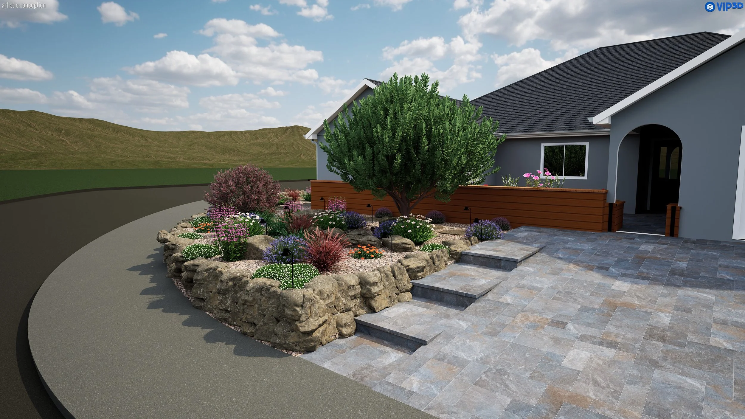 A computer-generated image of a front yard landscape with various colorful flowers, a large green tree, rocks, and a modern gray house with a tiled patio and steps. In the background, there are green hills and a partly cloudy sky.