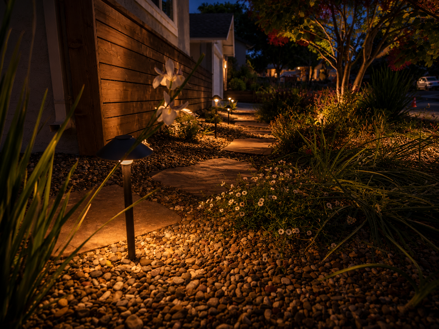 Nighttime garden pathway lit with small landscape lights and surrounded by various plants and flowers, with a wooden fence on the left and trees in the background.
