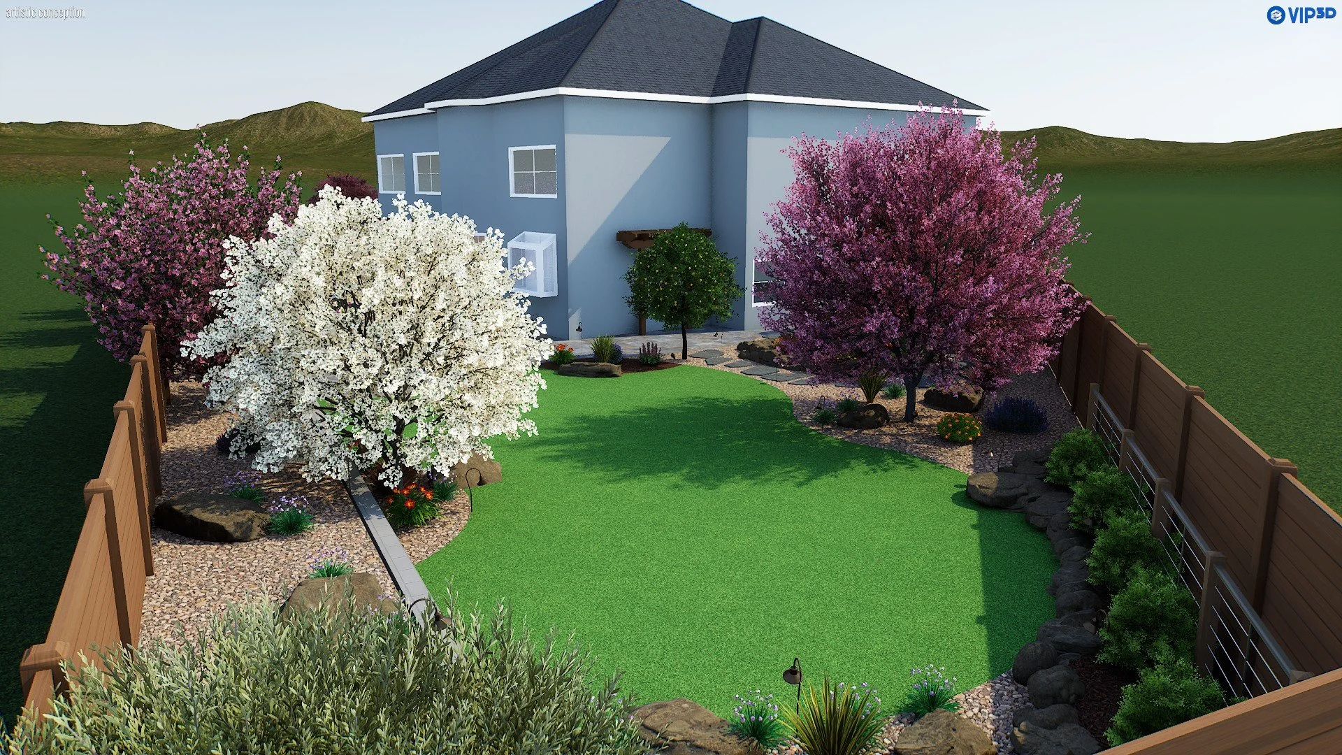 A backyard garden with a vibrant green lawn, surrounded by flowering trees with pink and white blossoms, a wooden fence, and mountain hills in the background.