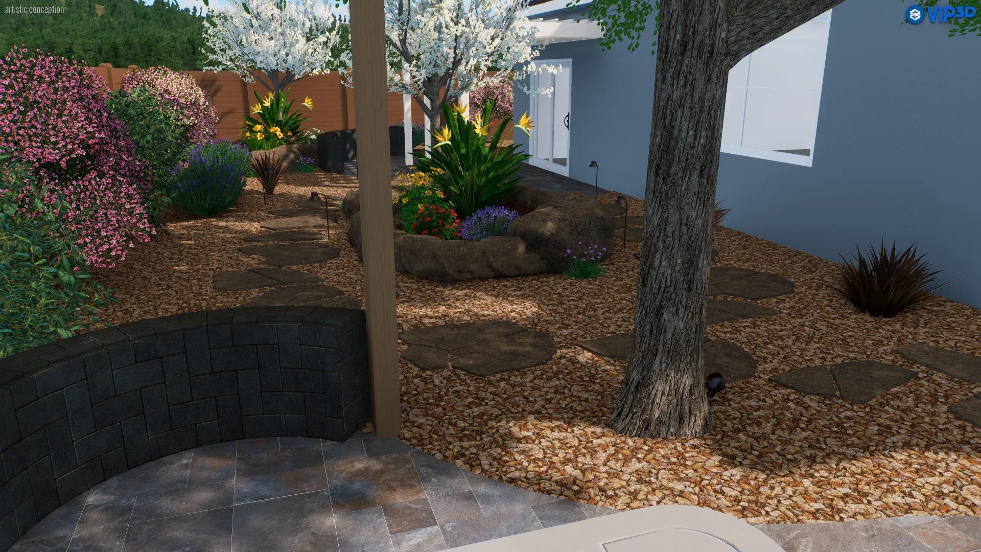 A landscaped backyard with a stone pathway, flowering bushes, small trees, a flower bed with yellow and purple flowers, and a white building in the background.