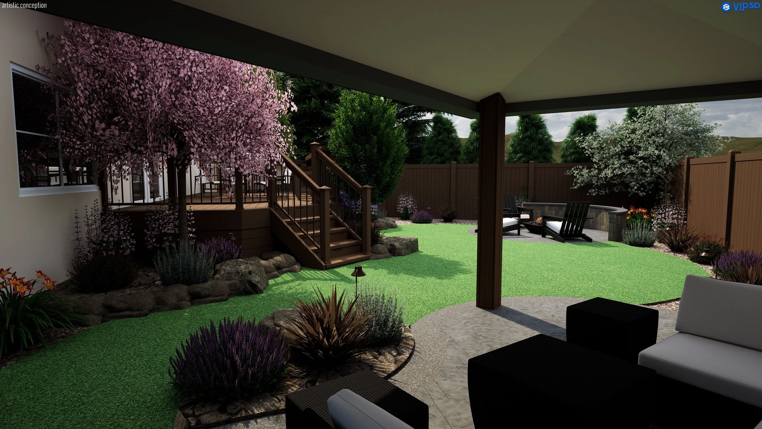 Backyard garden with artificial grass, blooming trees, and outdoor seating area with chairs and a firepit, viewed from a covered patio.
