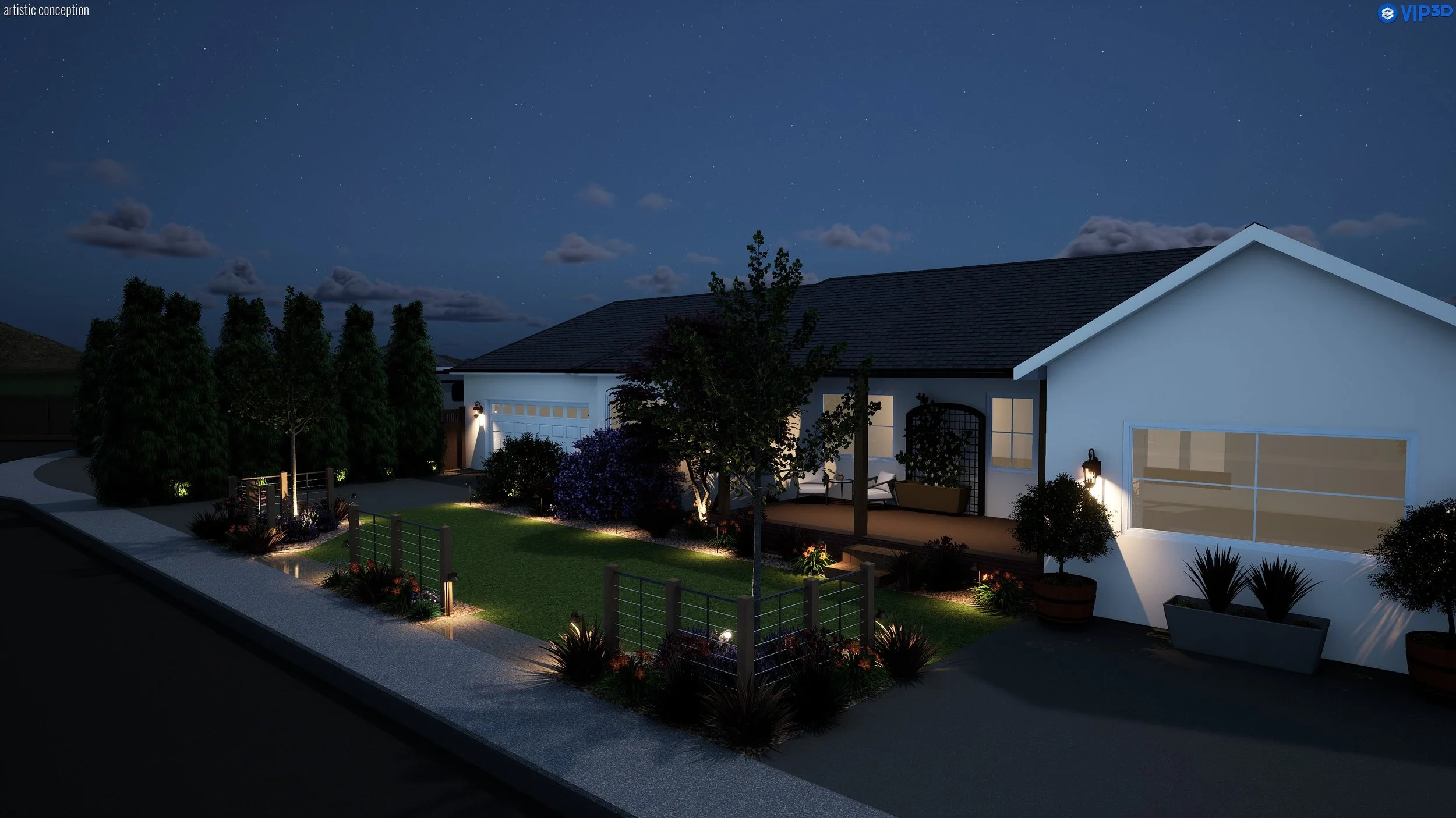 A house at night with outdoor lighting illuminating the backyard, patio, and garden, under a starry sky with some clouds.