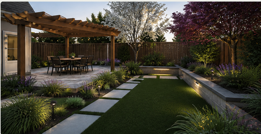 A modern backyard garden during evening with a wooden pergola, outdoor dining table and chairs, stone pathway, lush plants, trees, and landscape lighting.